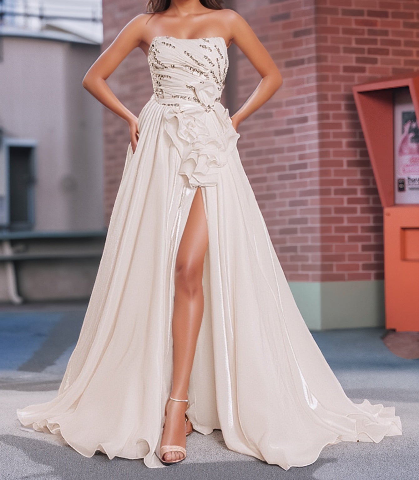 Beaded Ruffle Ball Gown Prom Dress With Split - Champagne
