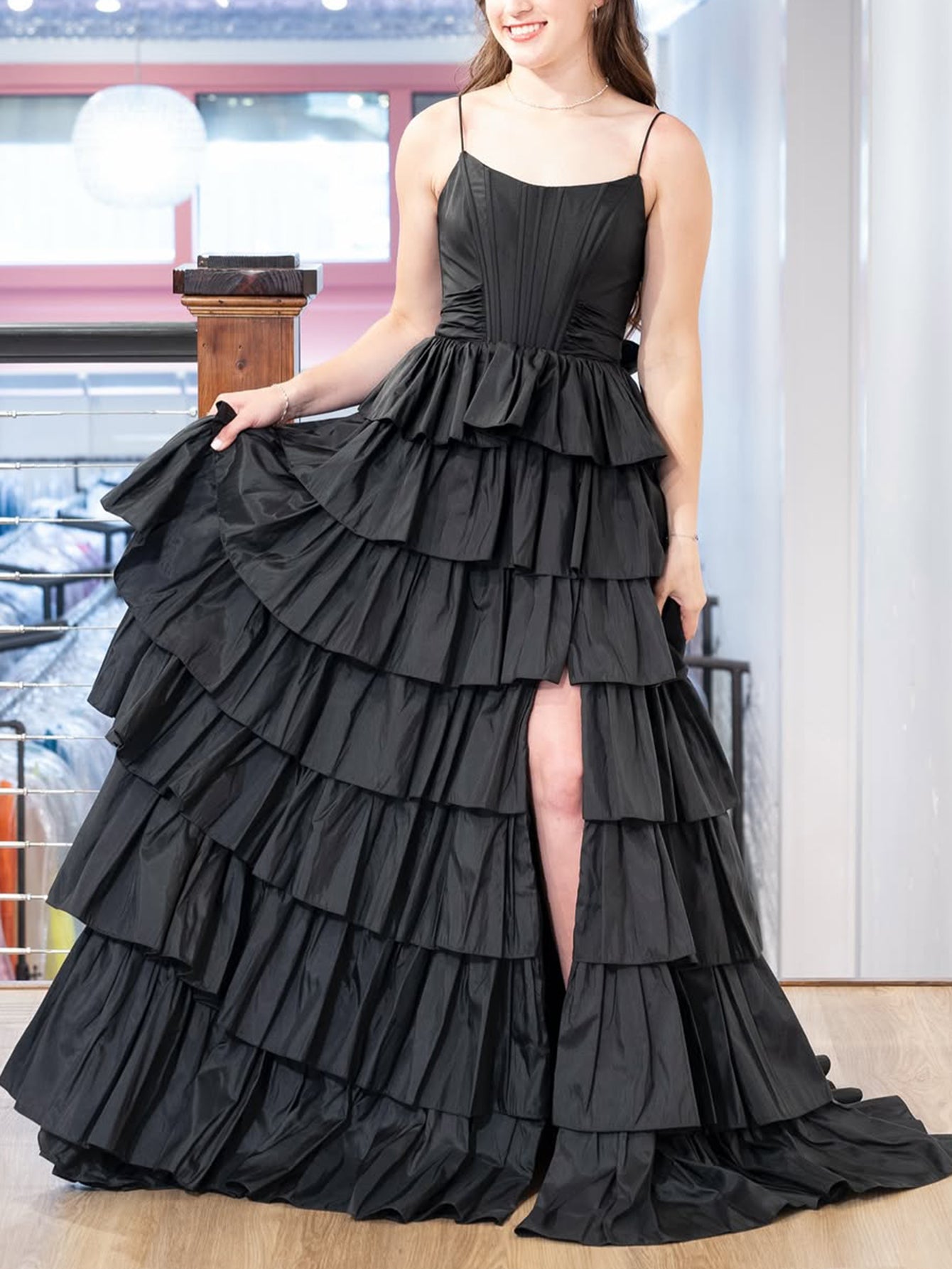 Scoop Boned Tiered Ball Gown Prom Dress With Slit - Black