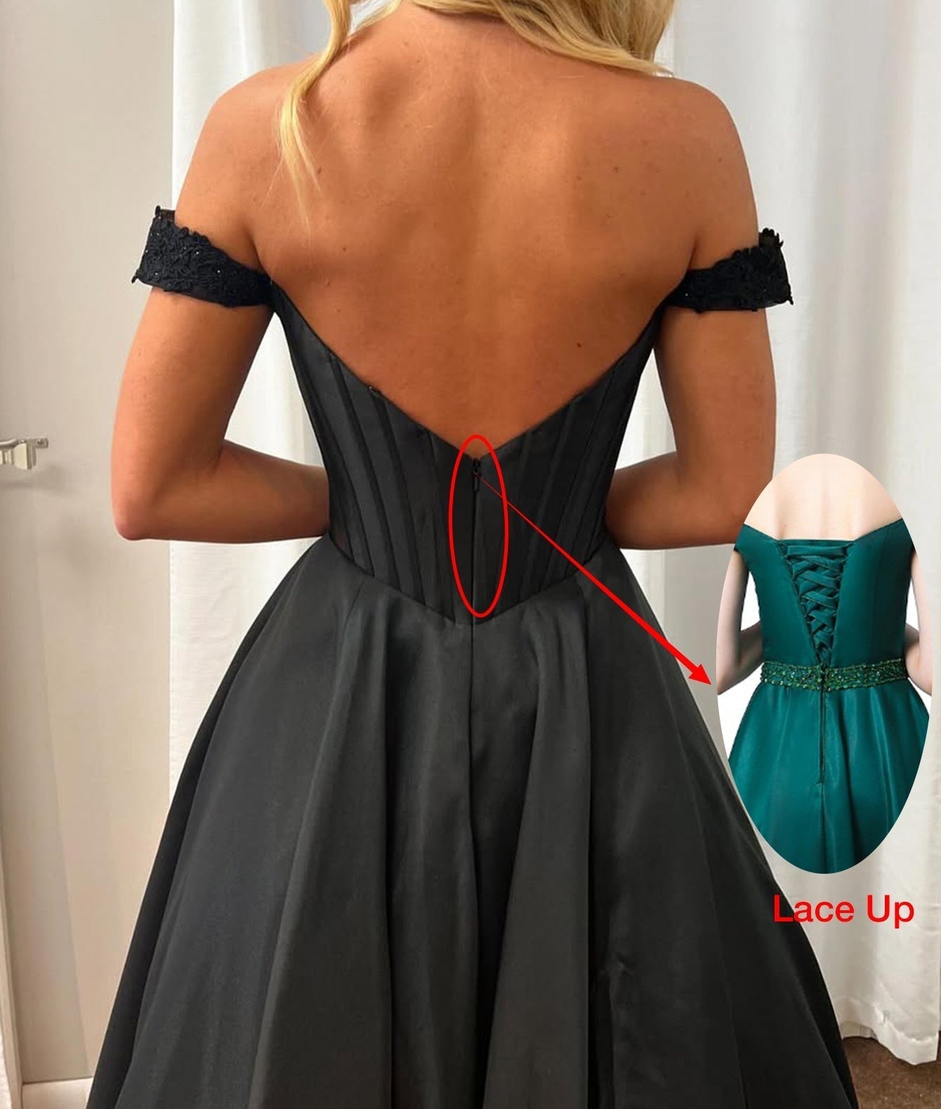 Beaded Off Shoulder Ball Gown Prom Dress With Pocket - Black