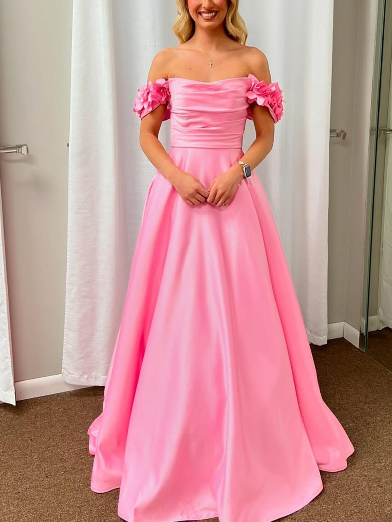 3D Rose Off Shoulder Ball Gown Prom Dress - Blush Pink 3D Rose Off Shoulder Ball Gown Prom Dress - Blush Pink