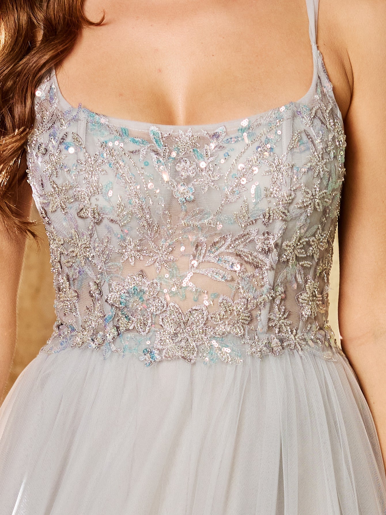 Hand Beading Square Ball Gown Prom Dress - Light Grey