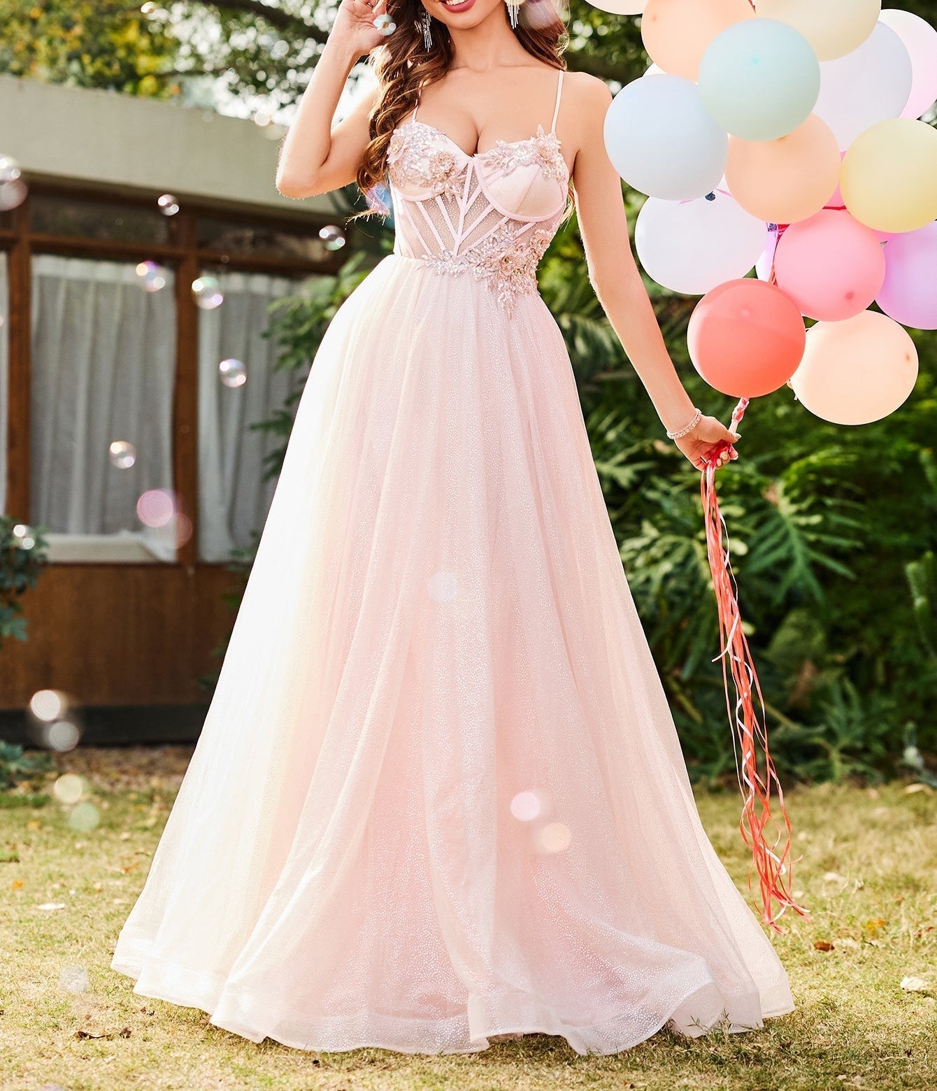 pink blush prom dresses 3D Rose Illusion Bodice Sparkly Long Dress 50s style dresses You can find this 8 Beautiful Dresses You Color:VINTAGE BLUE
