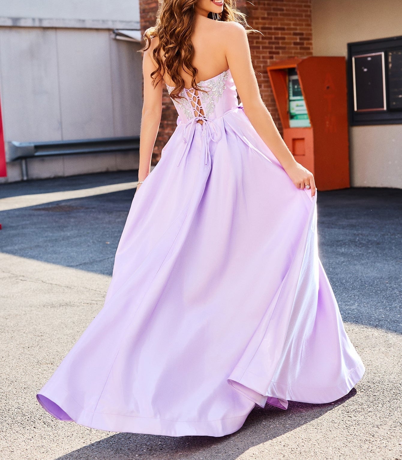 Beaded Crystal Boned Prom Dress With Bow - Lilac
