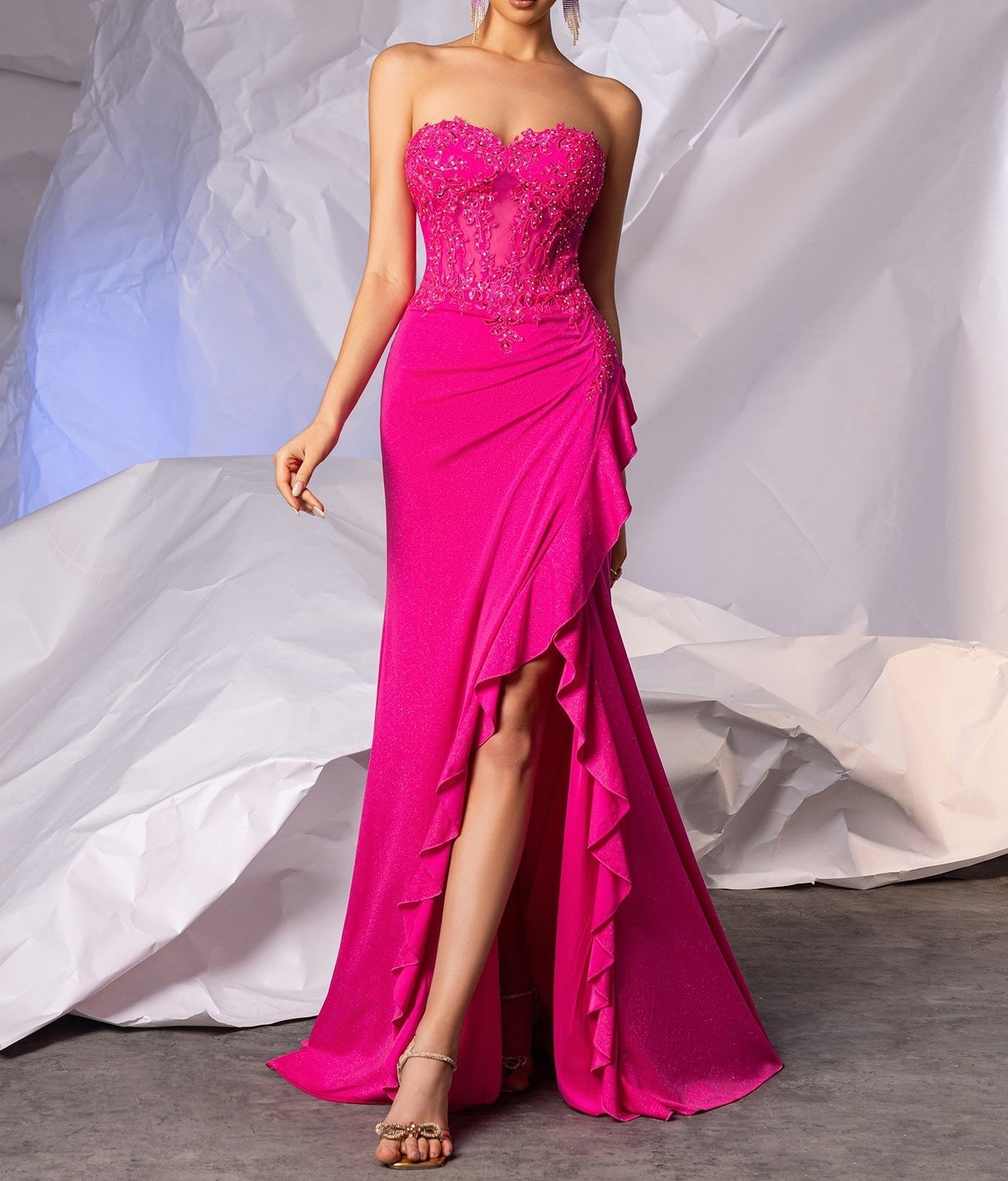 pink lace mermaid prom dress Crystal Embroidery With Ruffle Color:Blue and White This captivating dress features Cevenne Coast Cowl Back Maxi