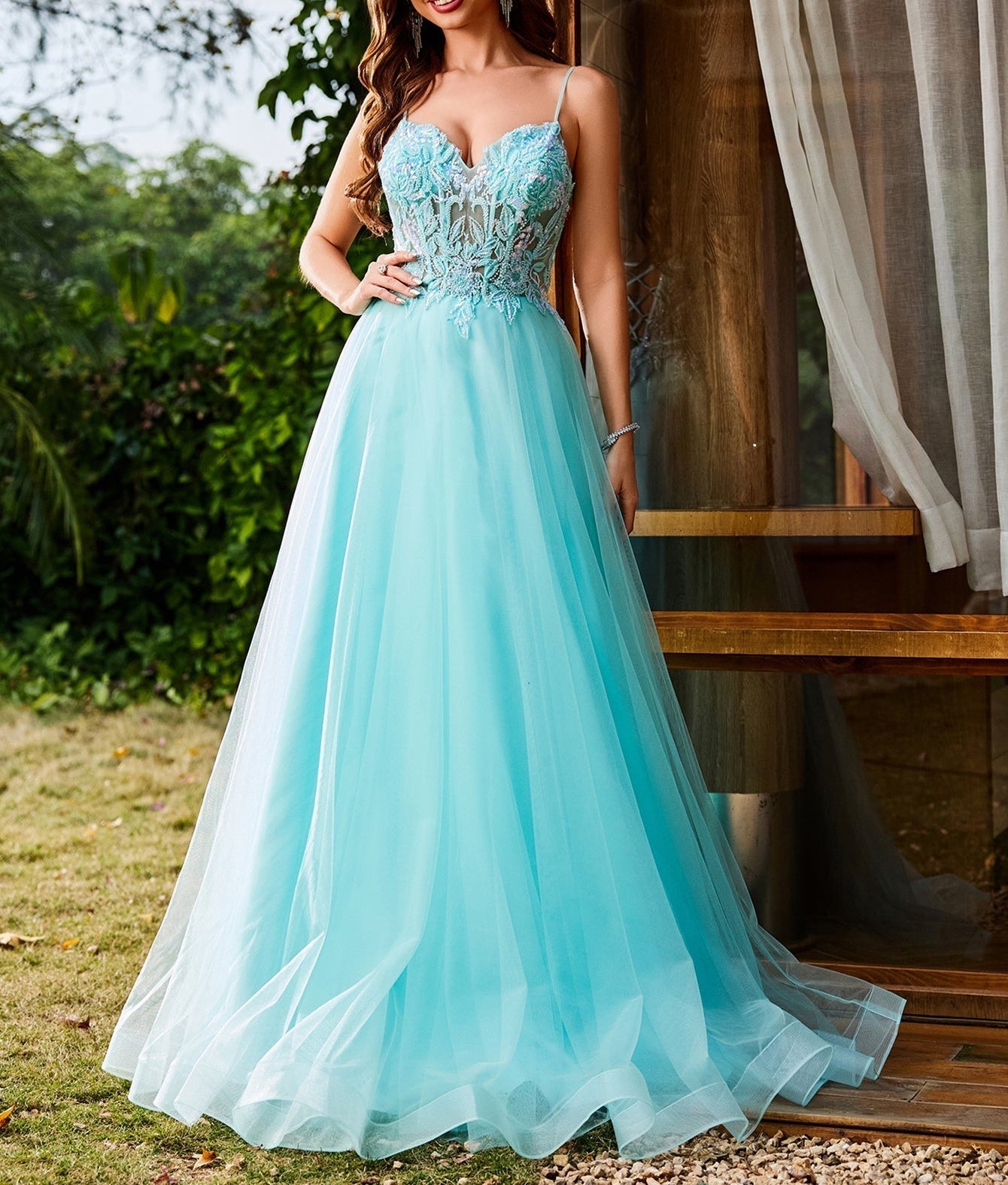 Luxury Beaded Sheer Bodice Ball Gown Prom Dress - Baby Blue