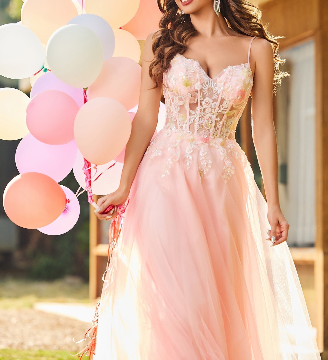 Beaded Lace Embroidery Boned Ball Gown Prom Dress - Pink