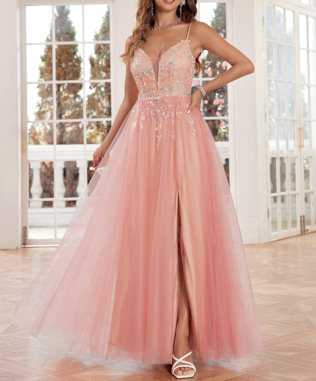 Lace Embroidery Deep V Neck Prom Dress Long - Pink