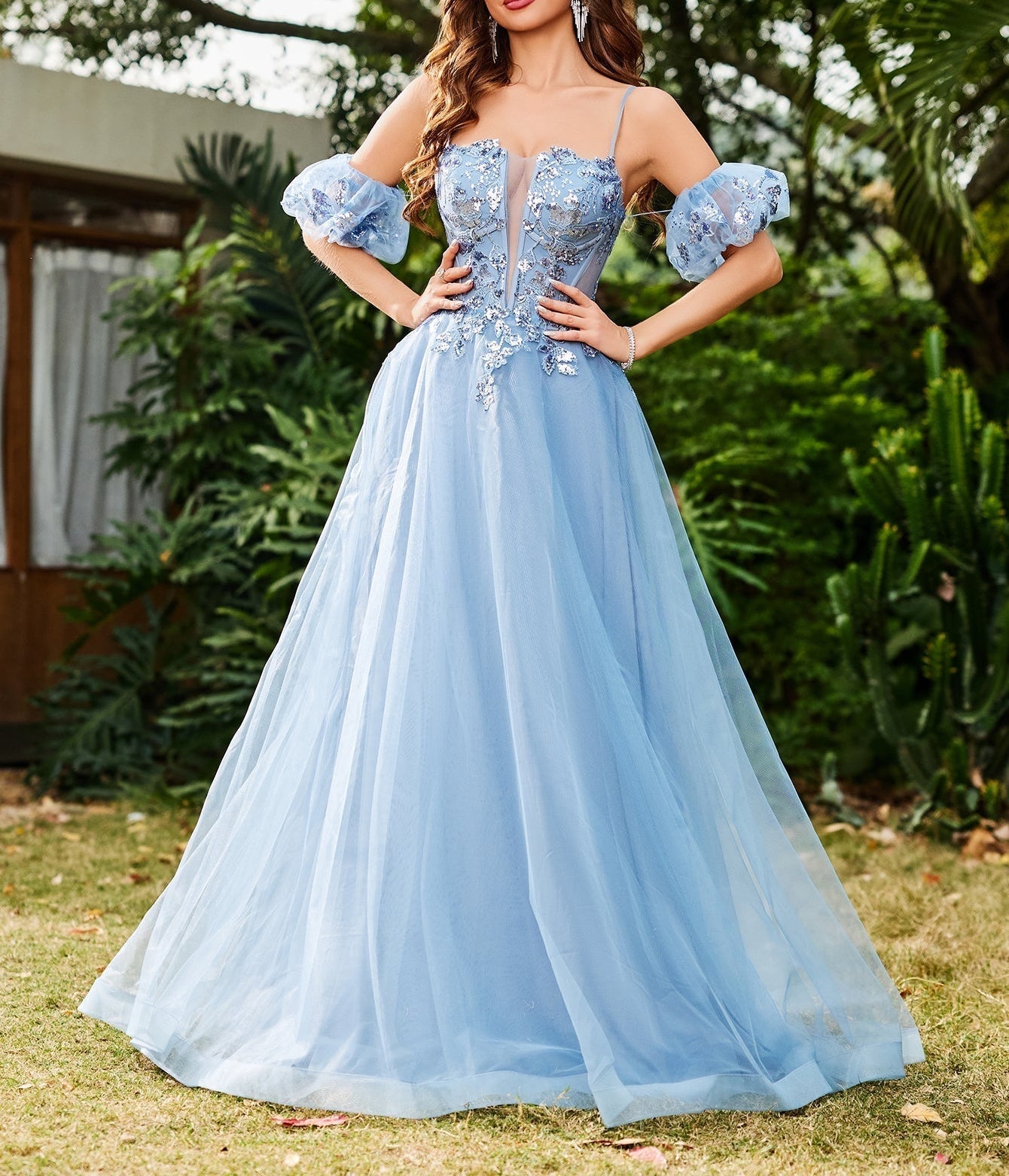 Sparkly Lace Removable Sleeves Ball Gown Prom Dress - Dusty Blue