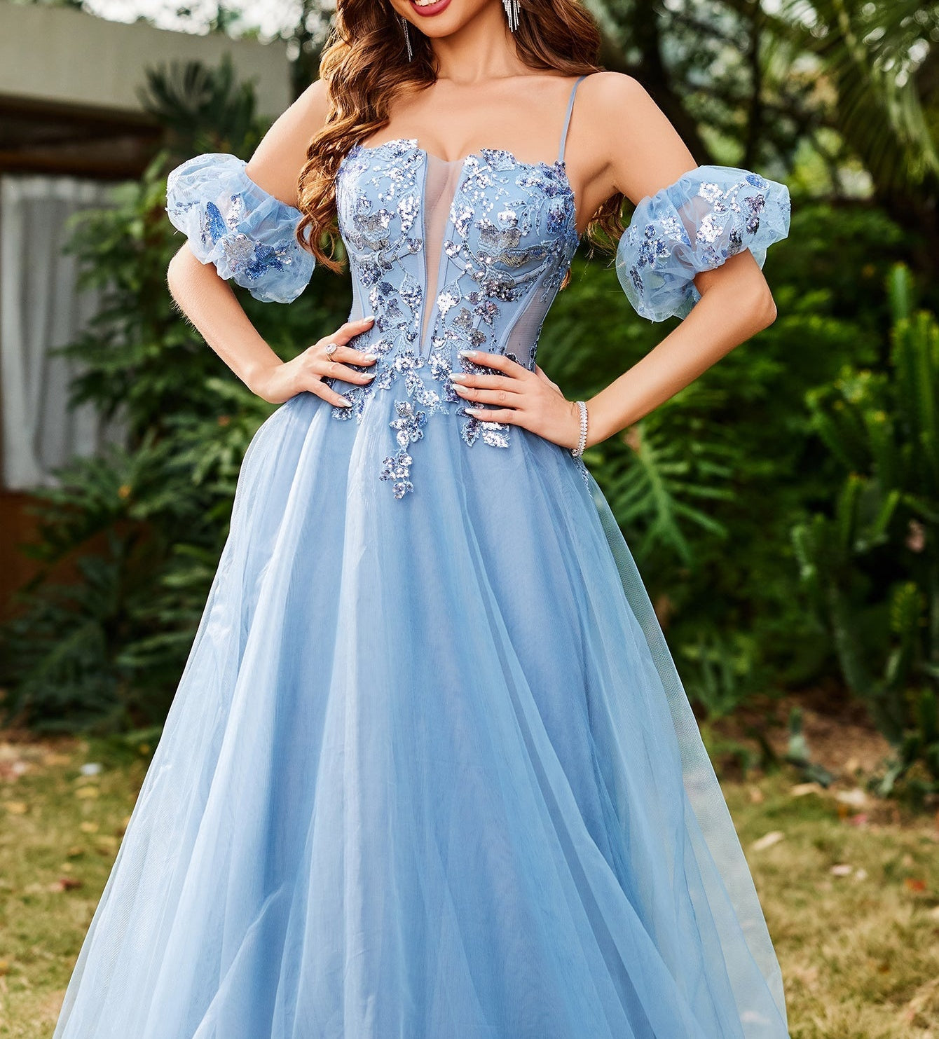Sparkly Lace Removable Sleeves Ball Gown Prom Dress - Dusty Blue