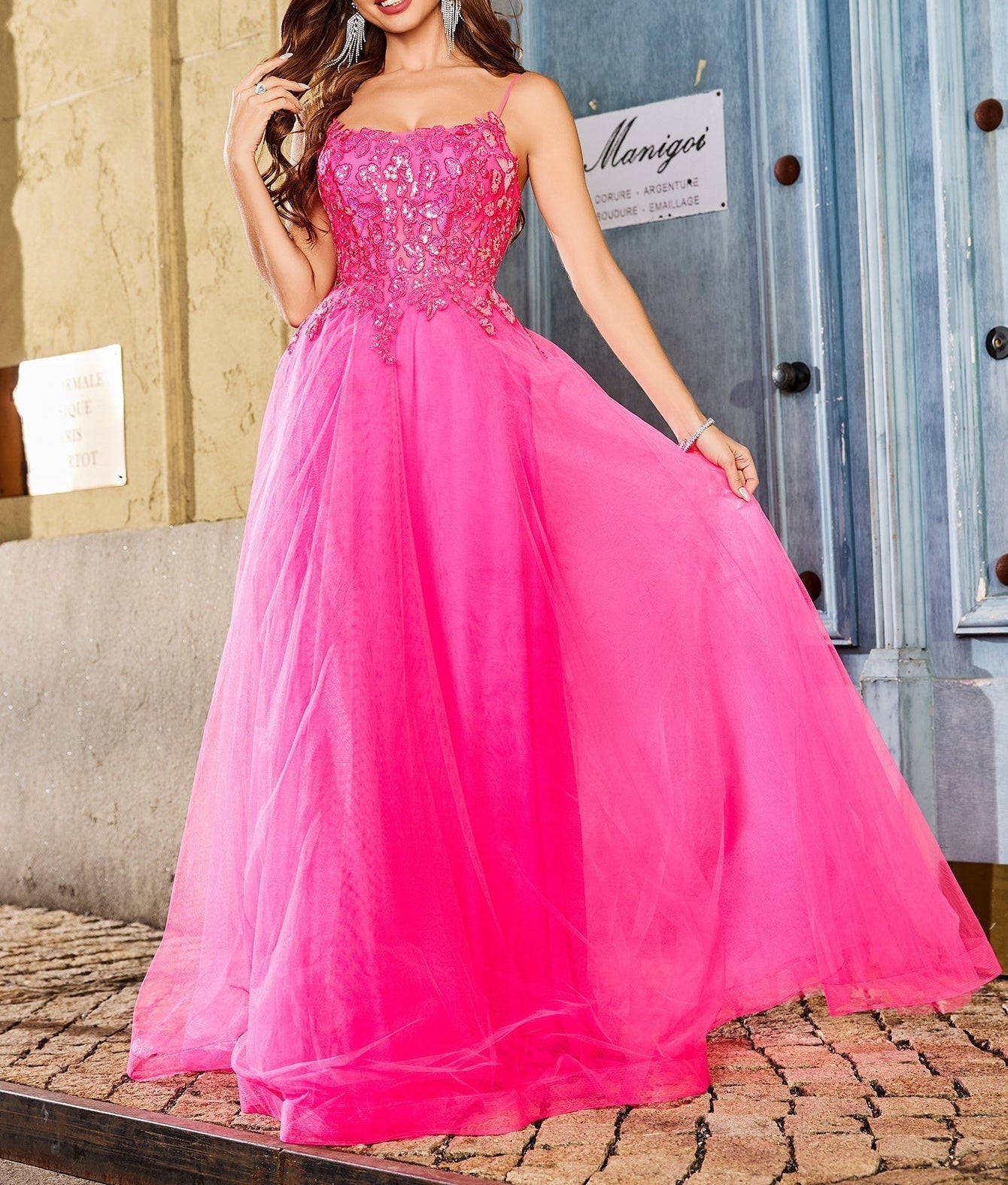 Square Lace Embroidery Ball Gown Prom Dress - Hot Pink