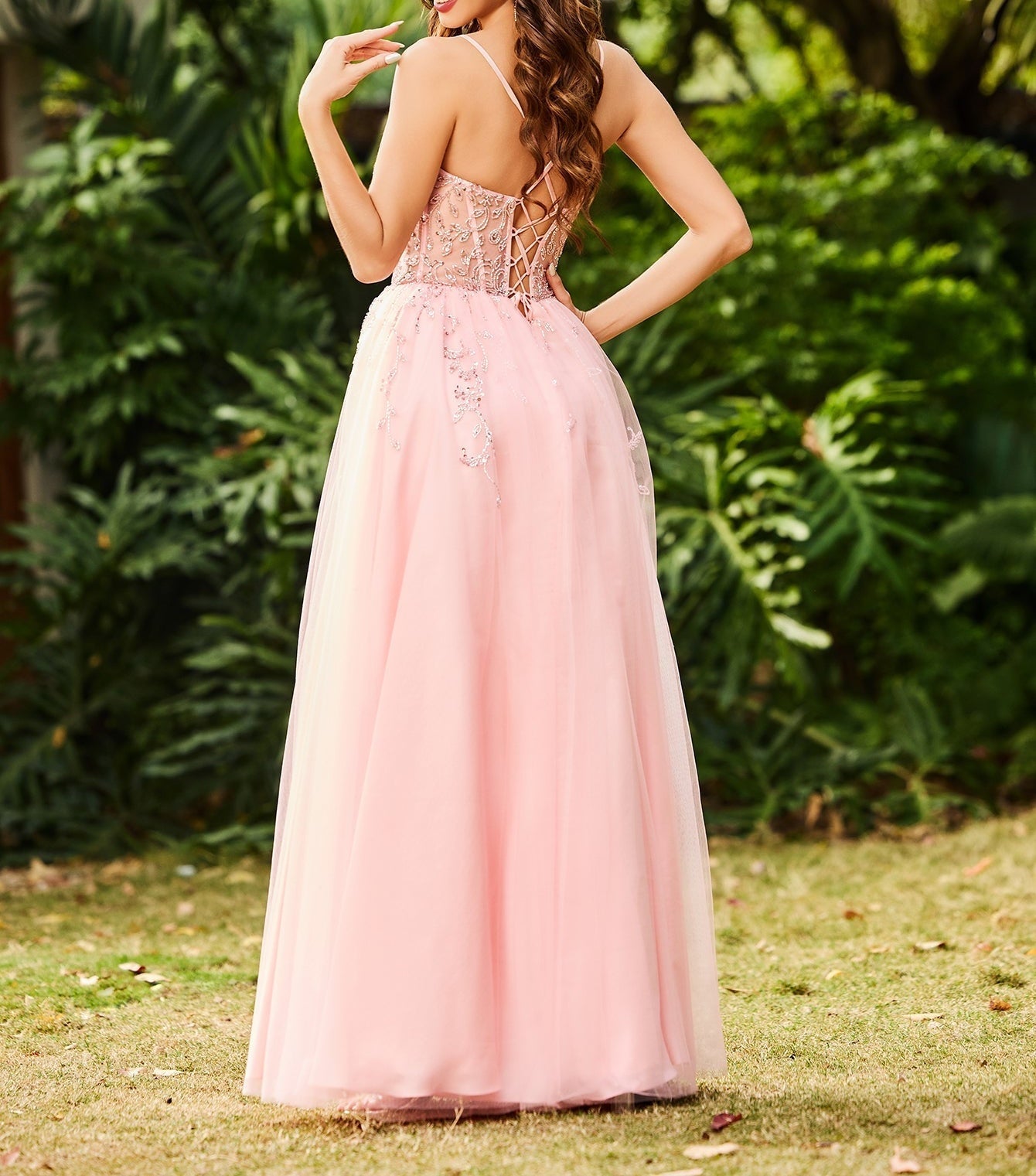 Hand Beading Boned Ball Gown Prom Dress - Pink