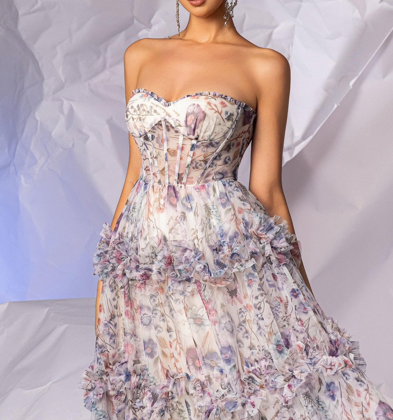 Printing Boned Ball Gown Prom Dress With Ruffle - Colorful Floral