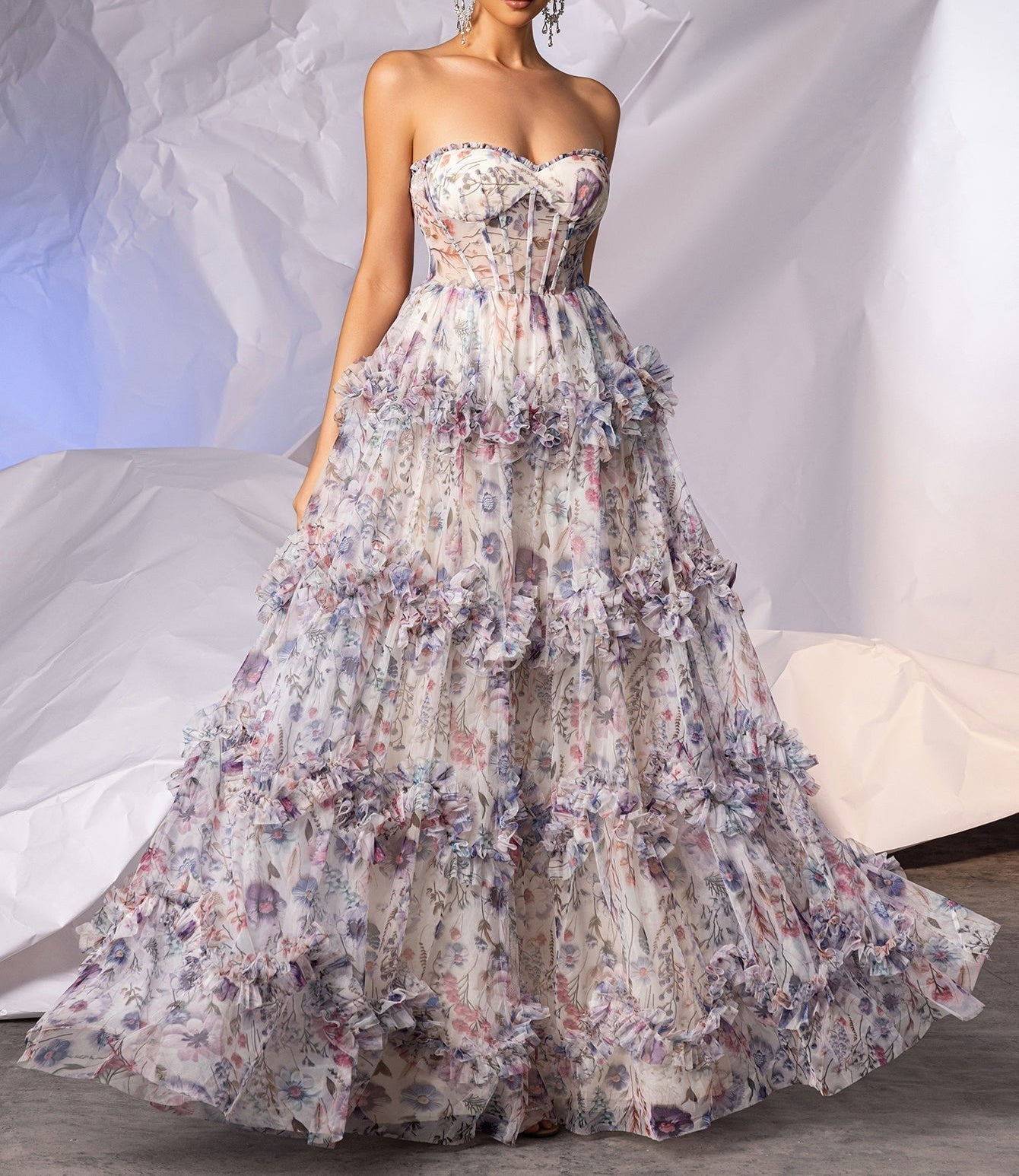 Printing Boned Ball Gown Prom Dress With Ruffle - Colorful Floral