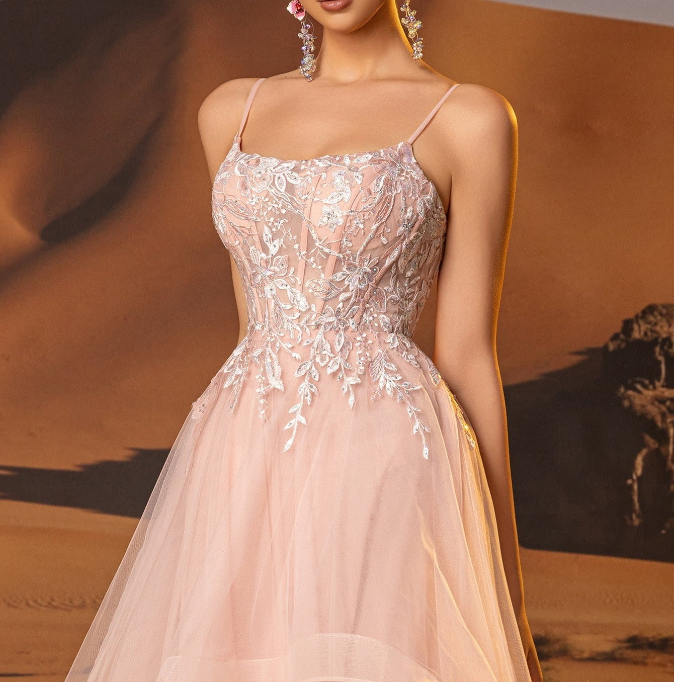 Illusion Bodice Leaf Lace Ball Gown Prom Dress - Pink