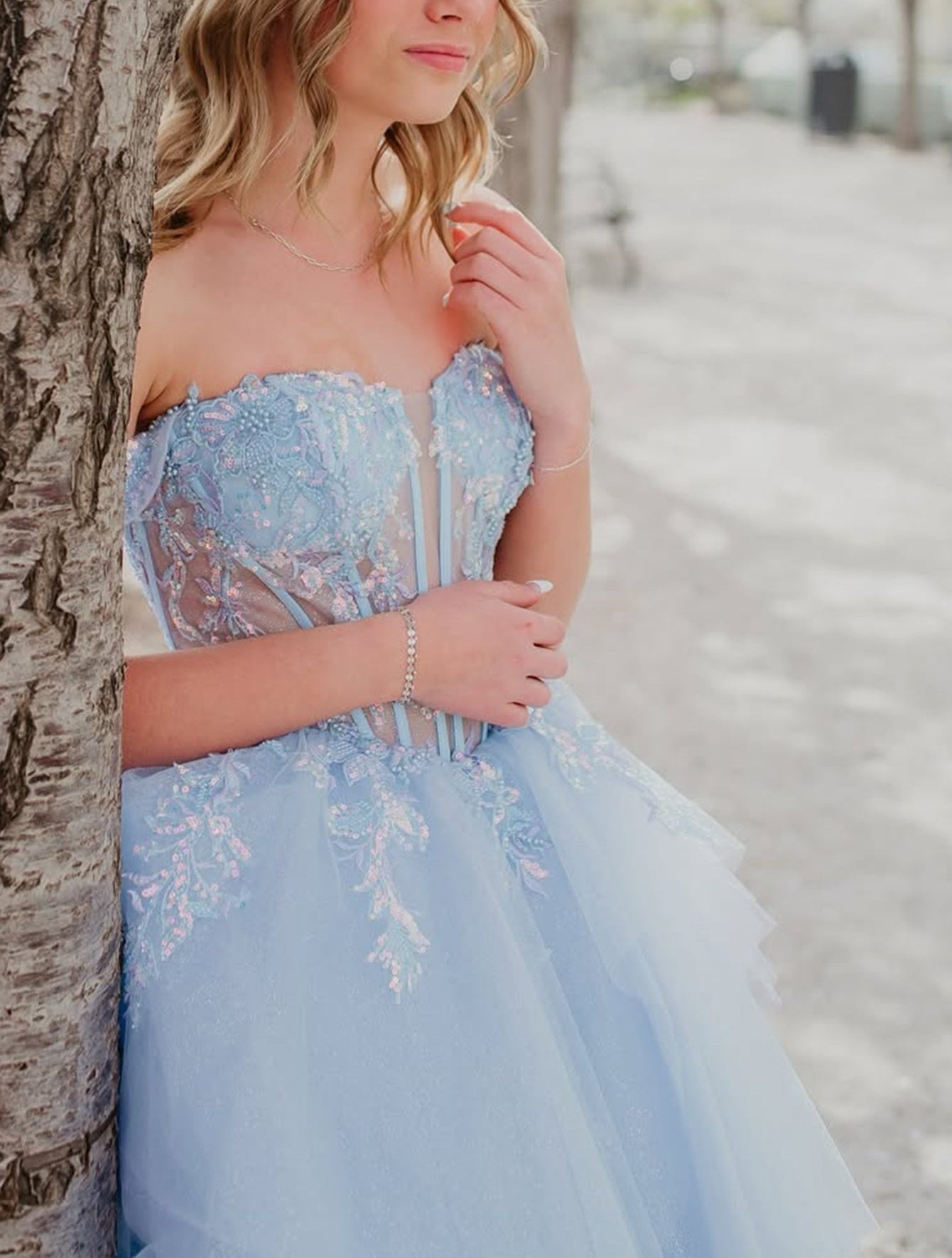 Illusion Bodice Lace Embroidery Ball Gown Prom Dress - Baby Blue