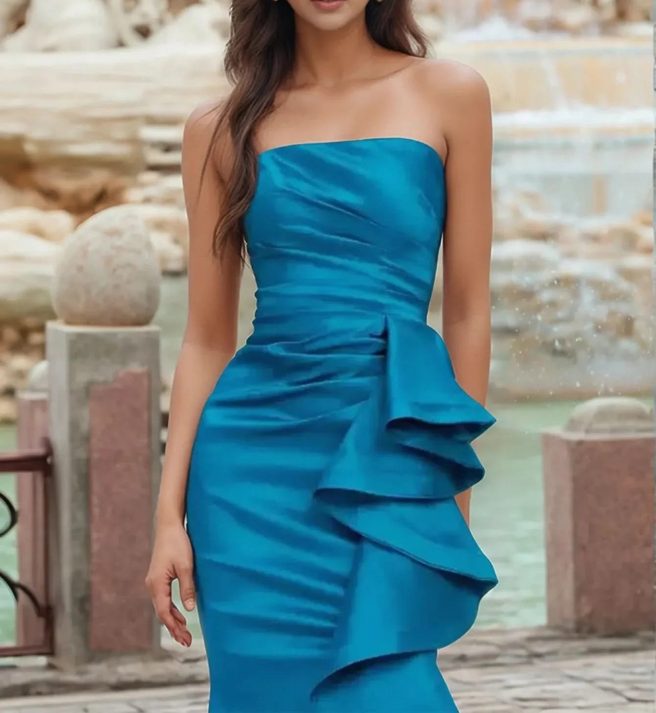 Strapless Ruffle Mermaid Prom Dress With Slit - Blue