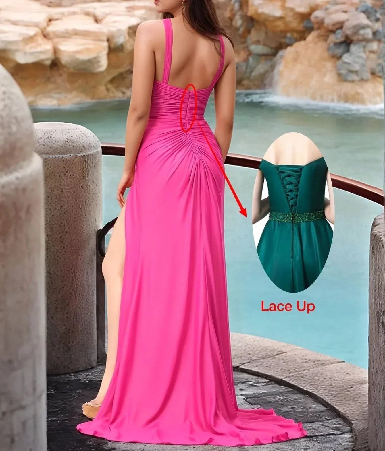 Cut Front Halter Corset Bodice Mermaid Prom Dress With Slit - Hot Pink