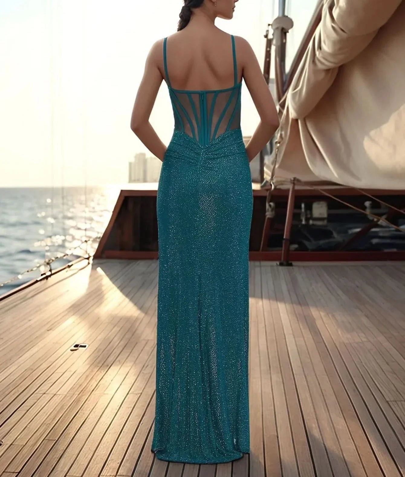 Hot Fix Spaghetti Strap Mermaid Prom Dress With Slit - Emerald Green