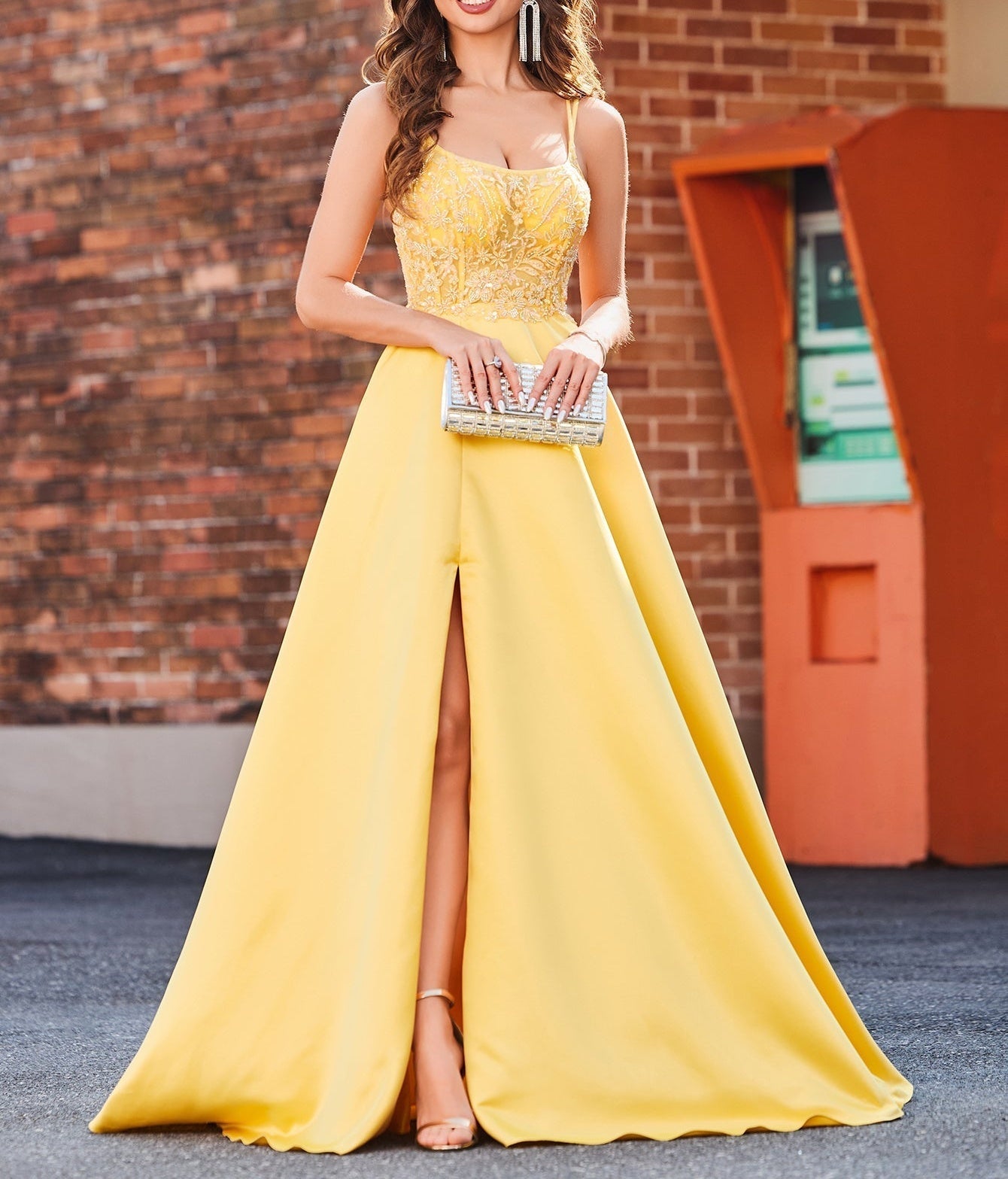 yellow beaded prom dress Sparkling Yellow High Neck Beaded Mermaid Prom Dress with Elegant Slit  Design