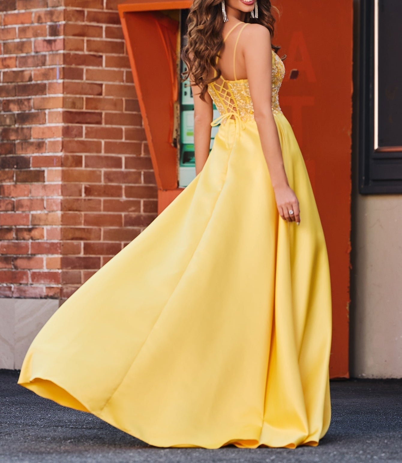 Sheer Bodice Beaded A-Line Prom Dress With Slit - Yellow