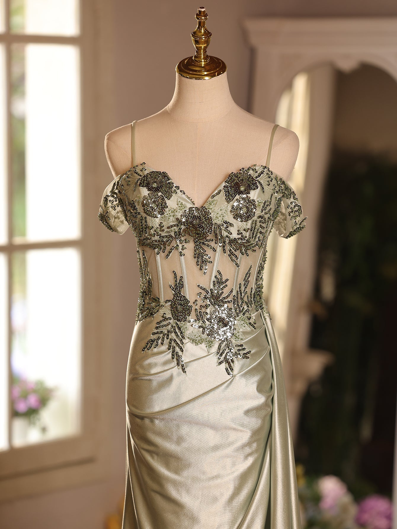 Off Shoulder Sheer Bodice Mermaid Prom Dress With Boned - Sage Green