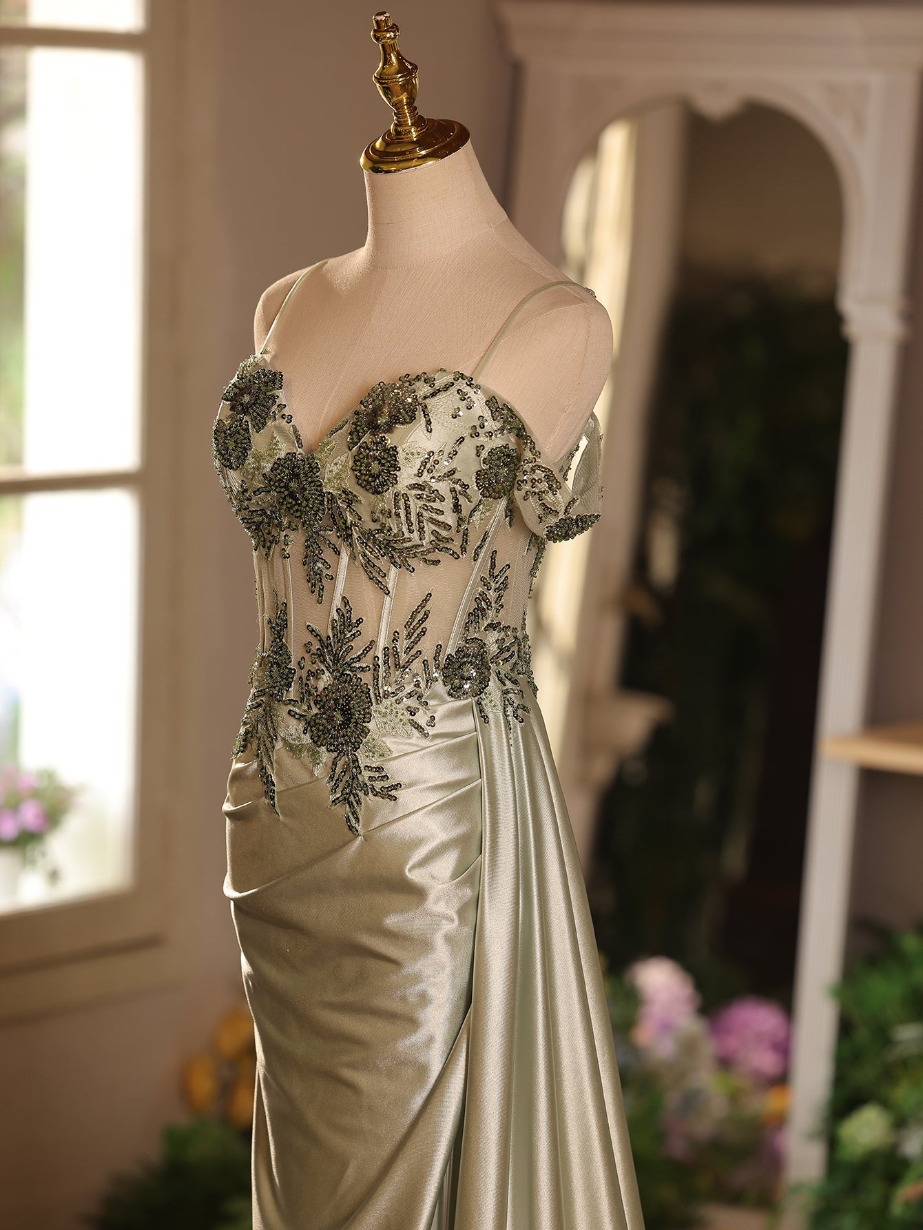 Off Shoulder Sheer Bodice Mermaid Prom Dress With Boned - Sage Green