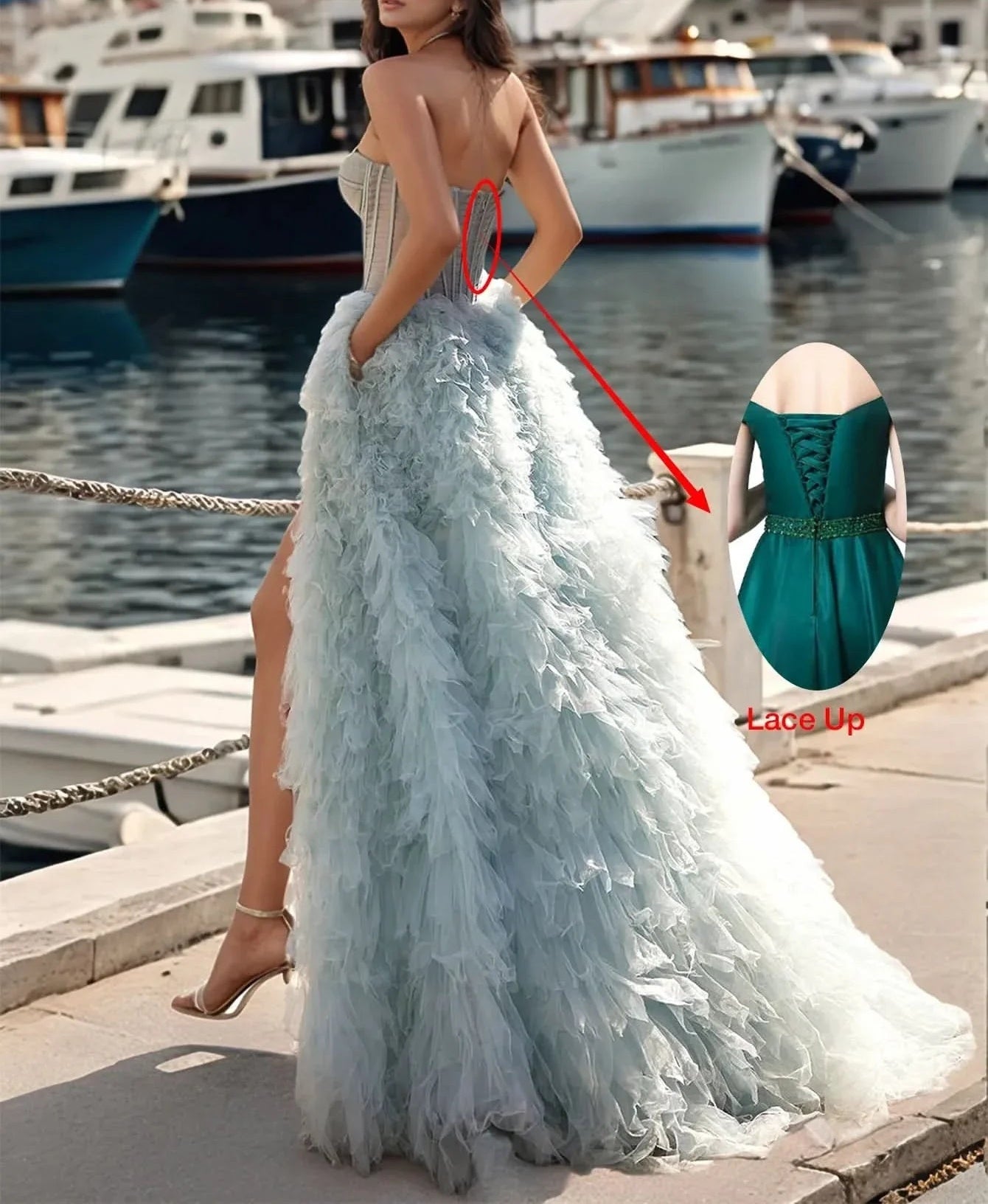 Sheer Bodice Boned Strapless Layered Ball Gown Prom Dress - Blue