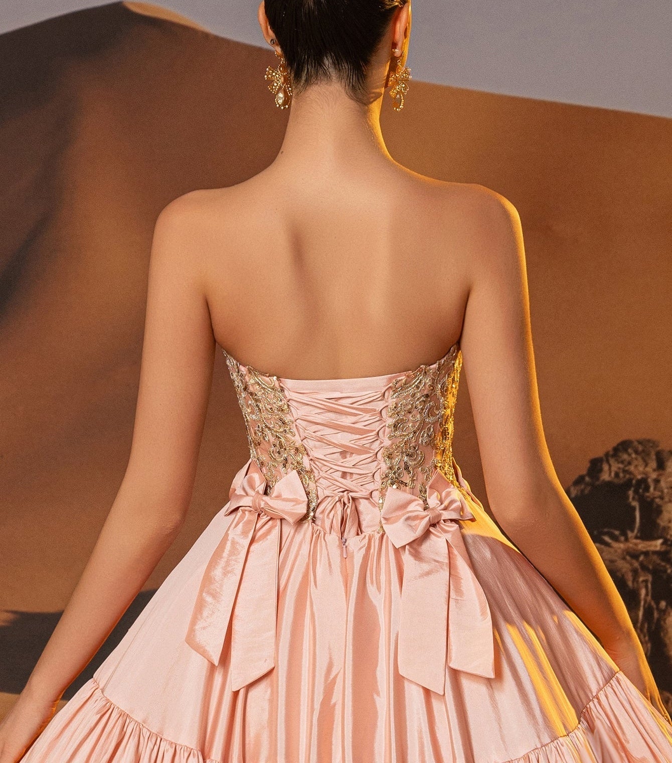 Bow Waist Strapless Lace Embroidery Bodice Ruffle Tiered Prom Dress - Dusty Rose