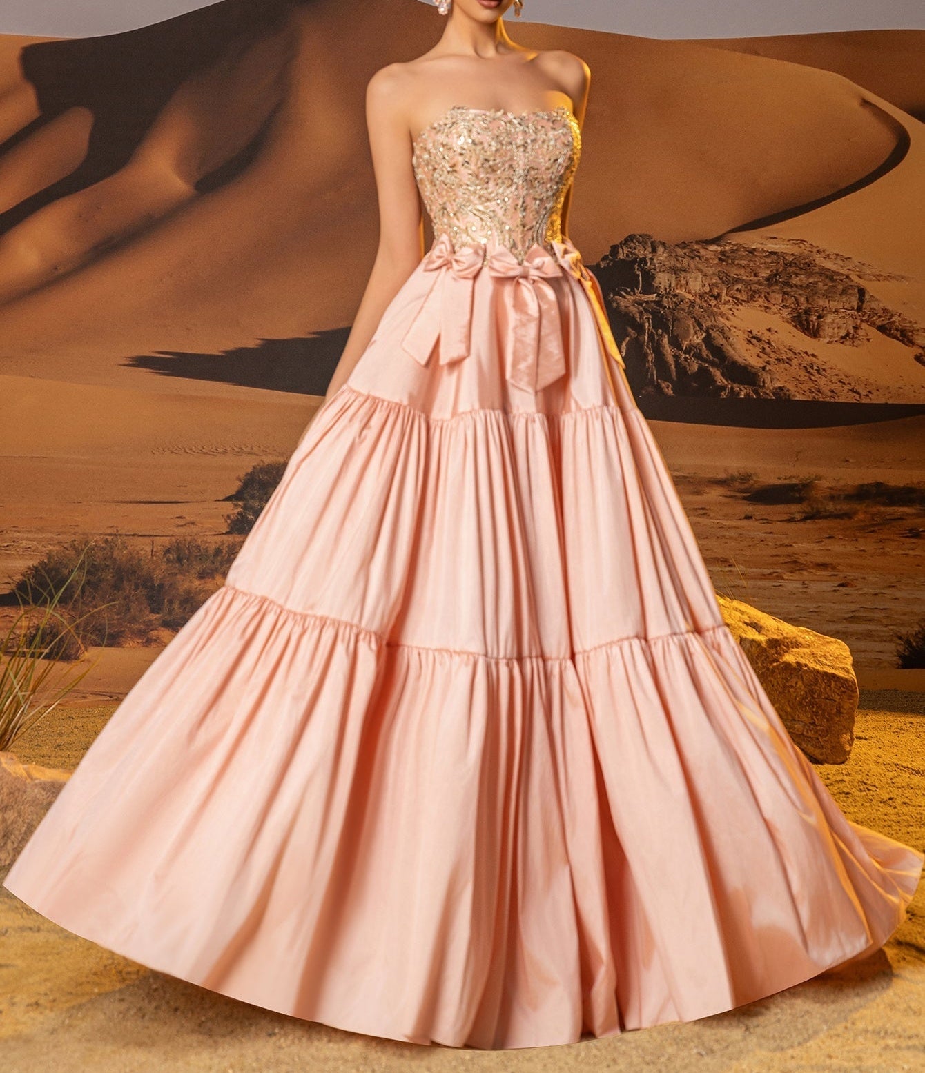 Bow Waist Strapless Lace Embroidery Bodice Ruffle Tiered Prom Dress - Dusty Rose