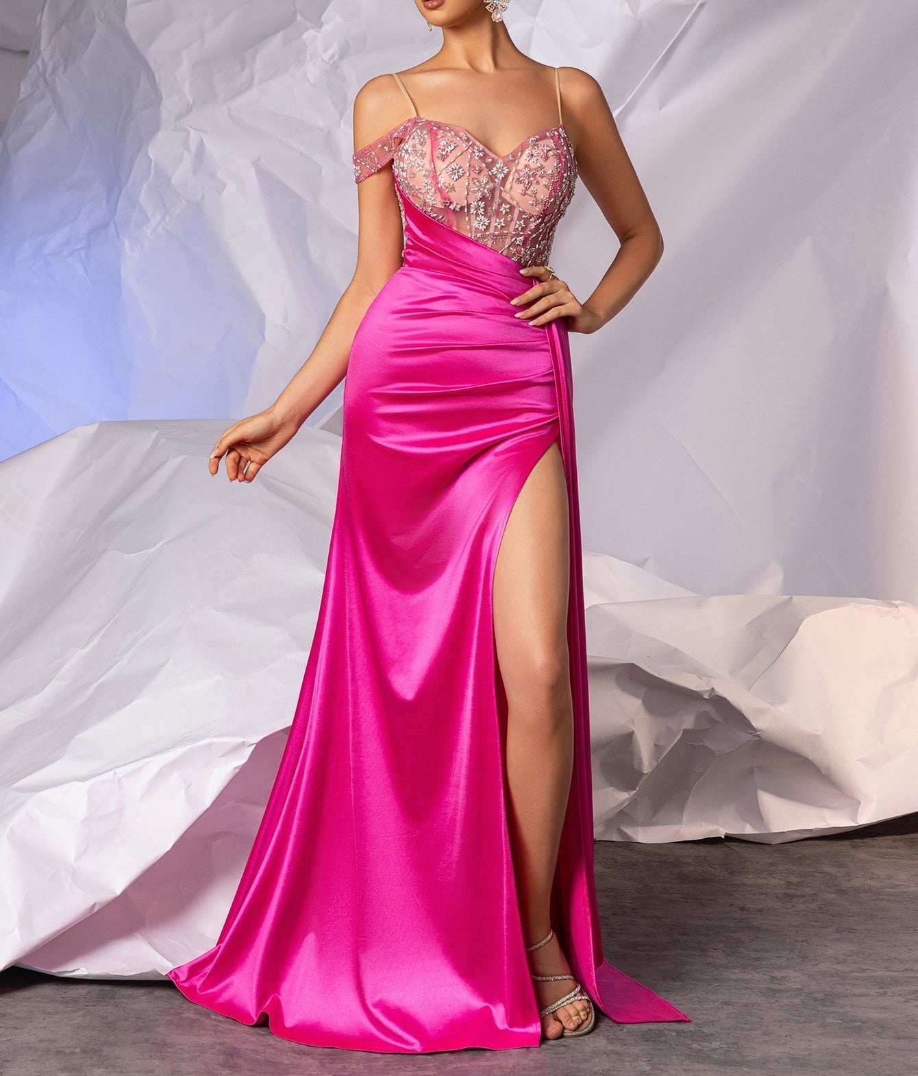 Hand Beading Boned Illusion Bodice Waist Drop Mermaid Prom Dress - Hot Pink