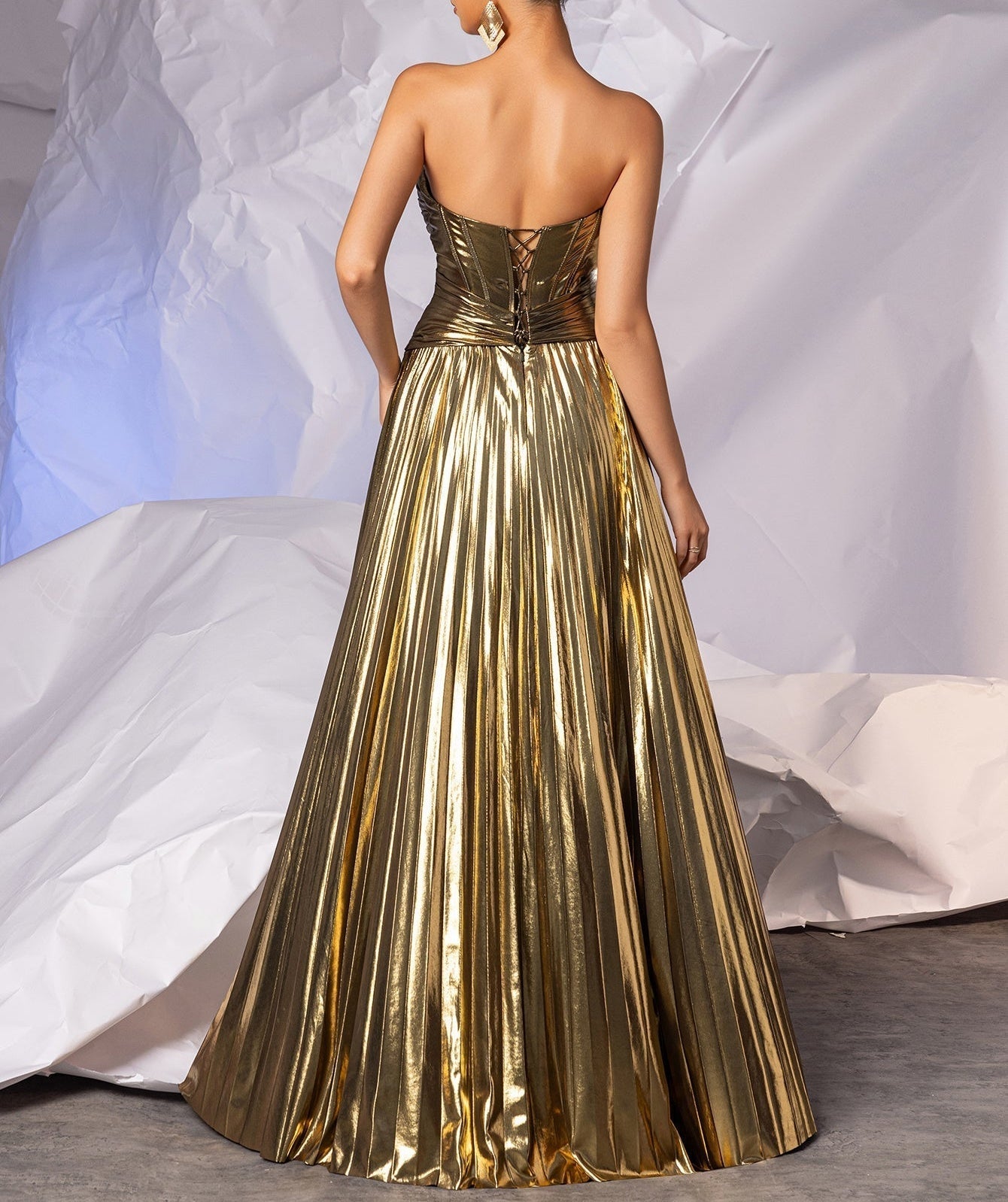 Cut Front Crost Top Pleats Boned Ball Gown Prom Dress Long - Gold