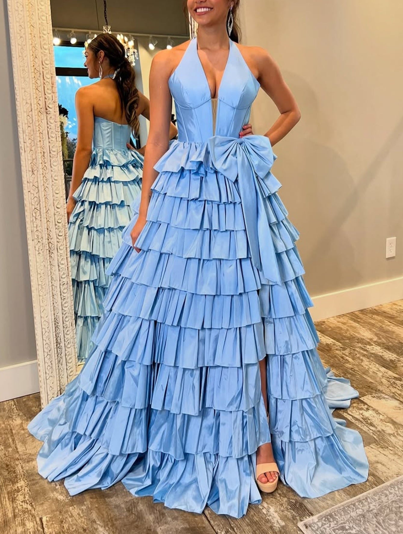 Halter Boned Ruffle Ball Gown Prom Dress Slit With Bow