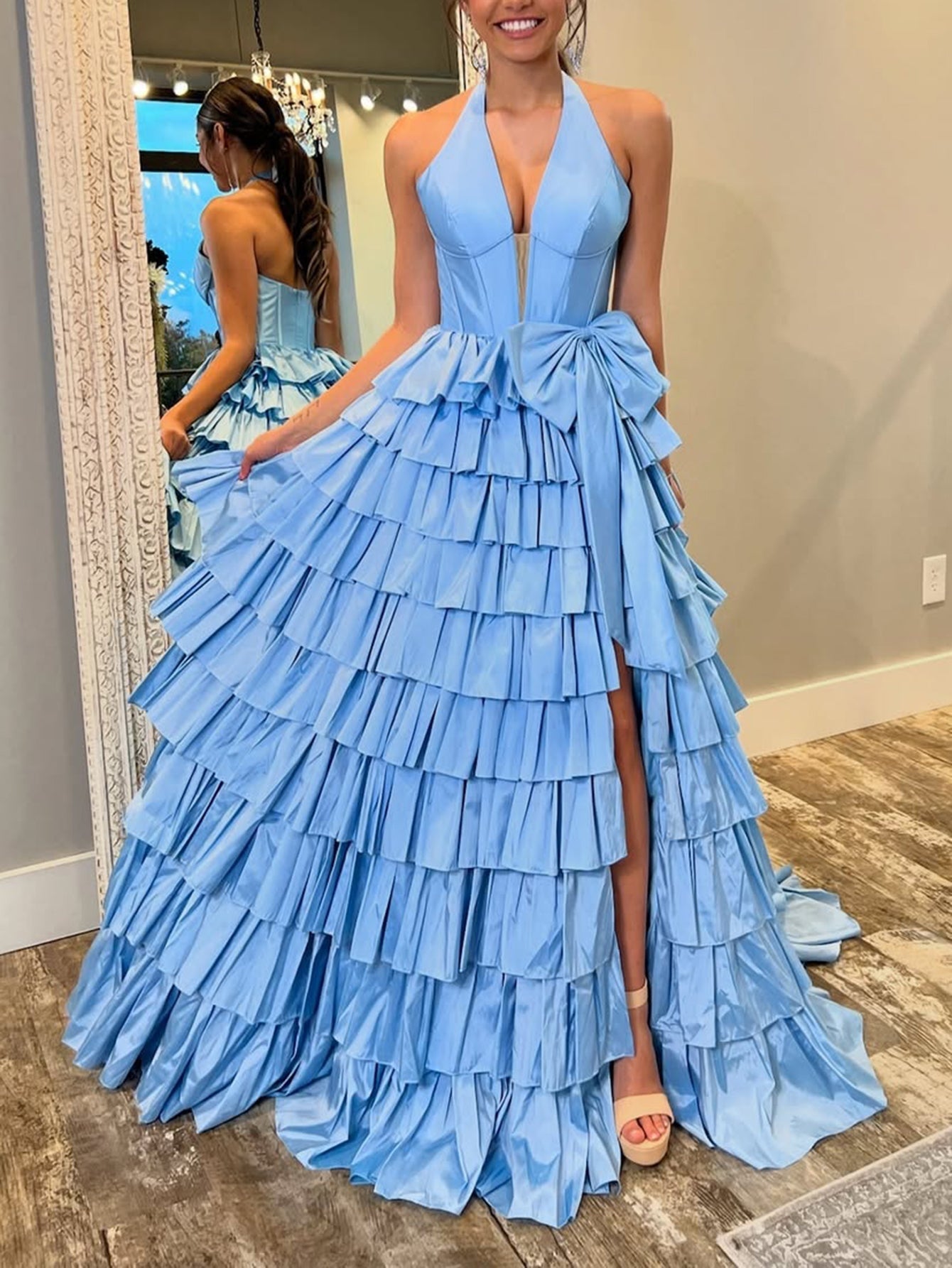Halter Boned Ruffle Ball Gown Prom Dress Slit With Bow - Baby Blue