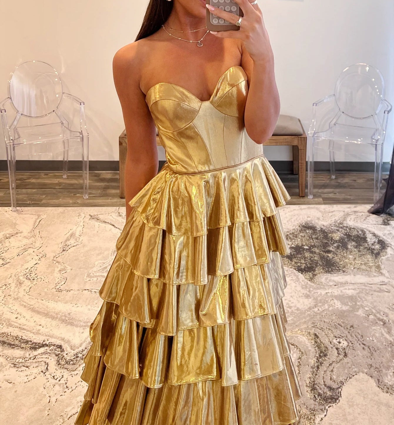 Ruffle Strapless Sparkly Ball Gown Prom Dress - Gold