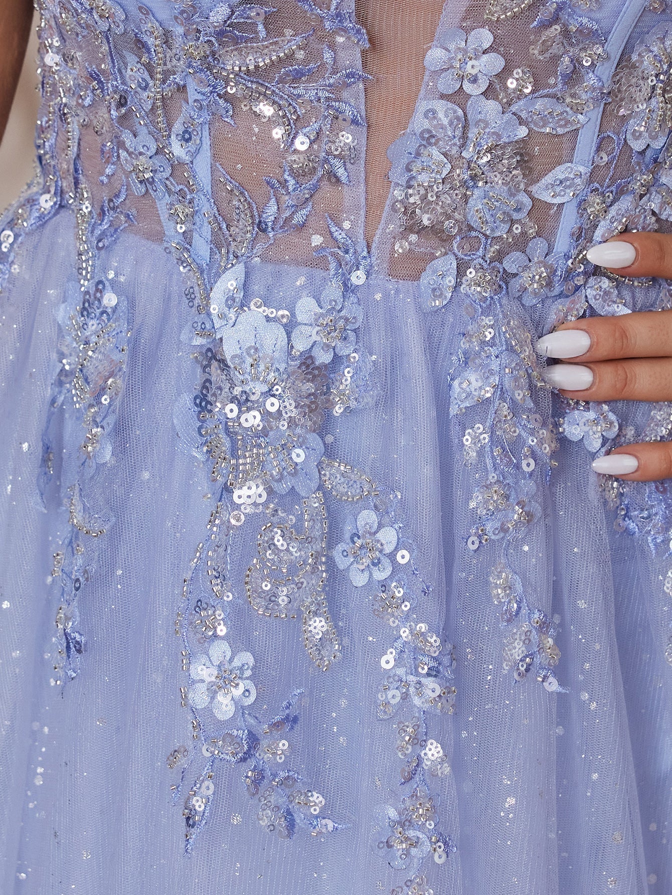 Lace Embroidery Deep V-Neck Boned Illusion Long Prom Dress - Baby Blue