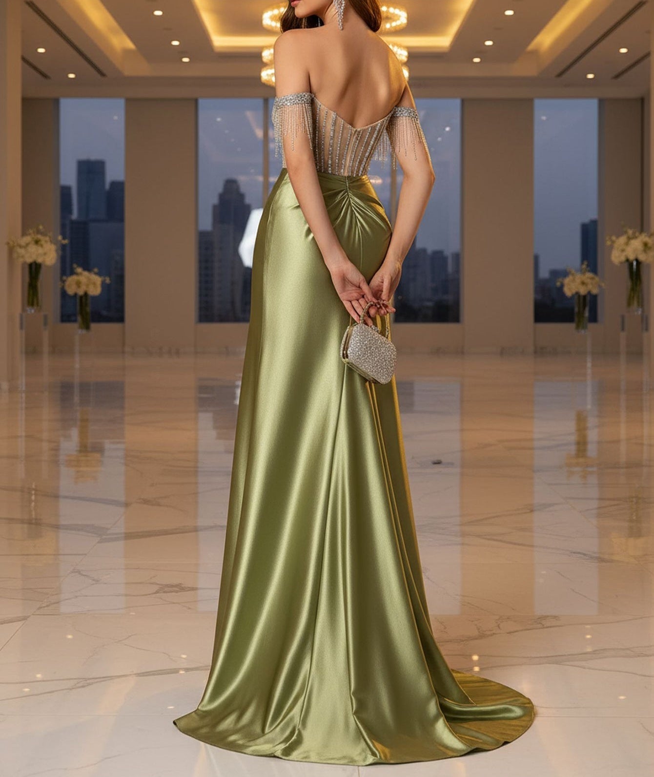 Hand Beading Off Shoulder Sheer Bodice Mermaid Evening Dress - Olive Green
