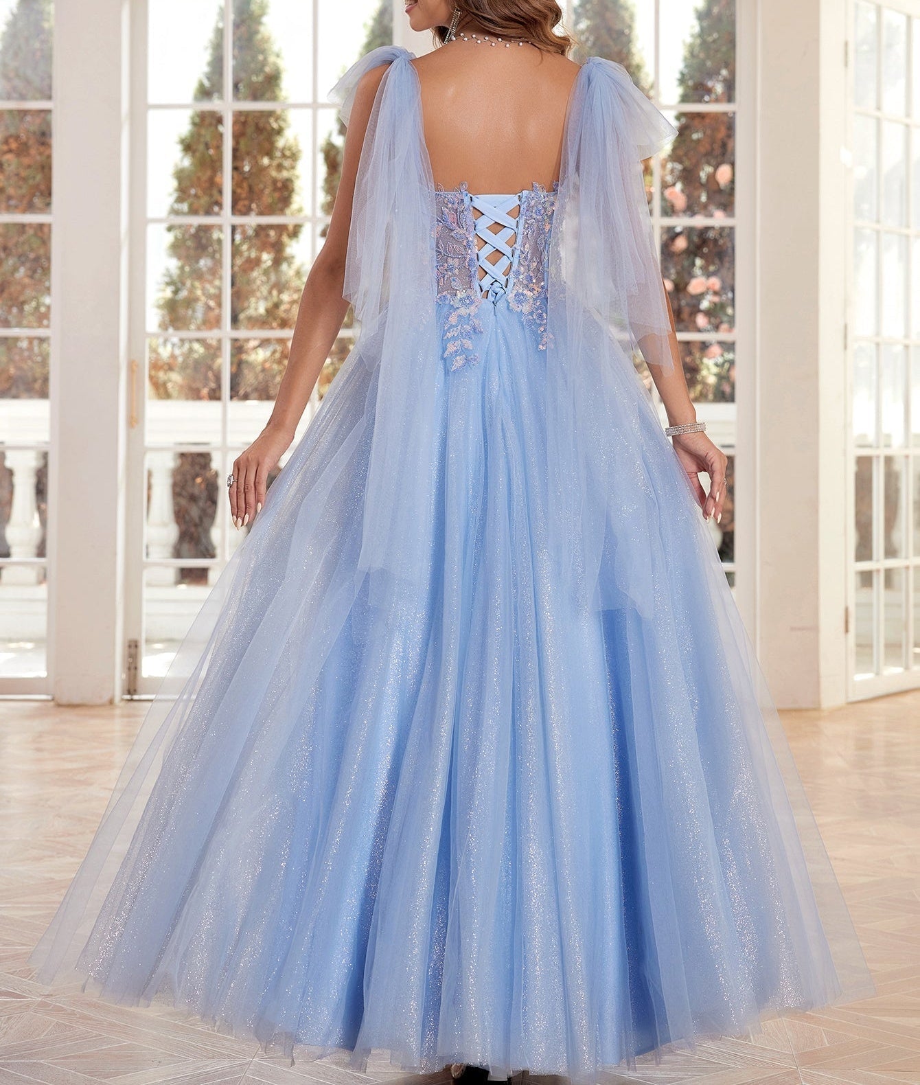 Lace Embroidery A-Line Prom Dress With Bow - Baby Blue