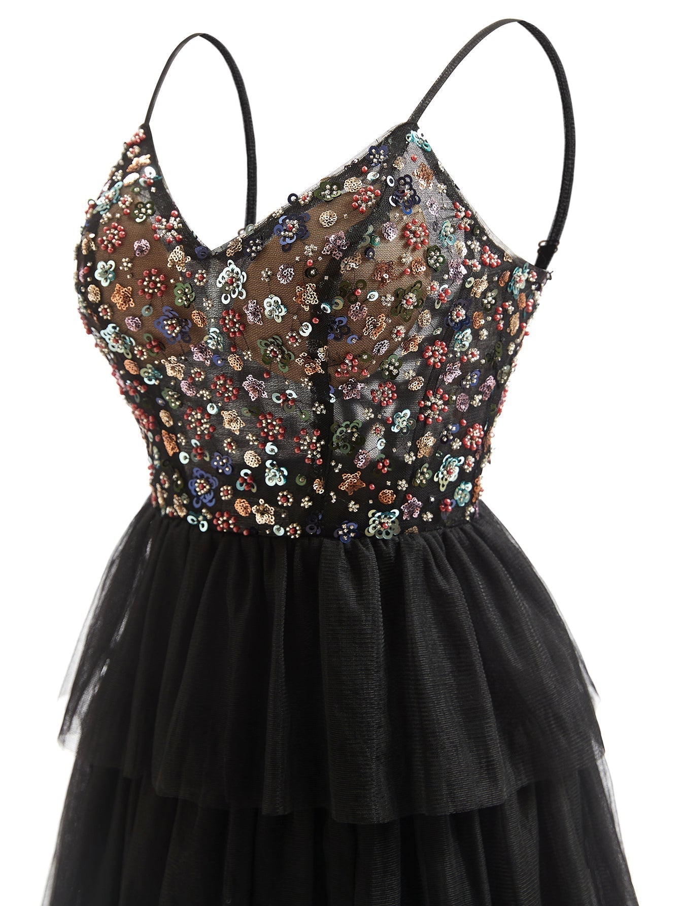 Hand Beading Sheer Bodice Layered Long Prom Dress - Black