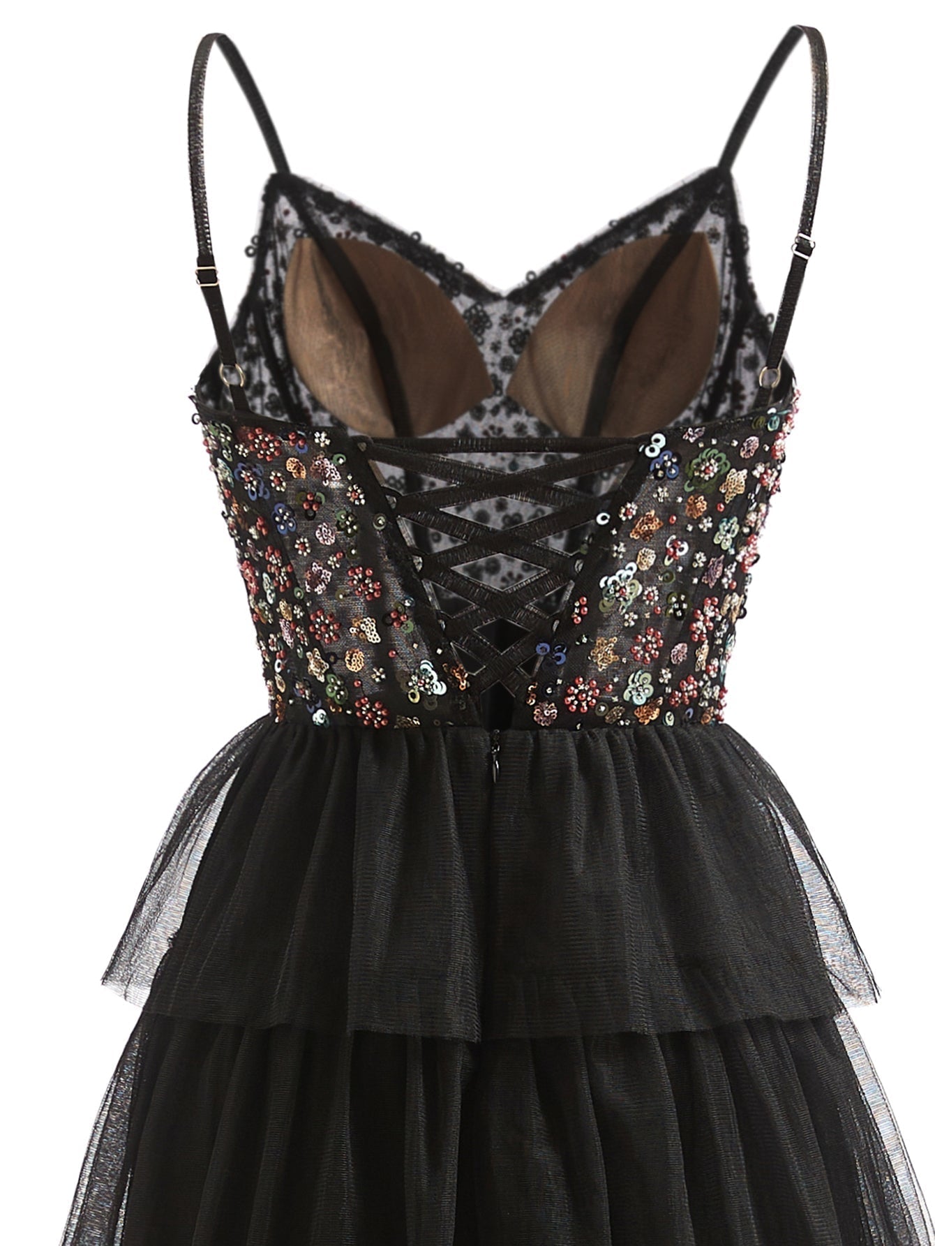 Hand Beading Sheer Bodice Layered Long Prom Dress - Black