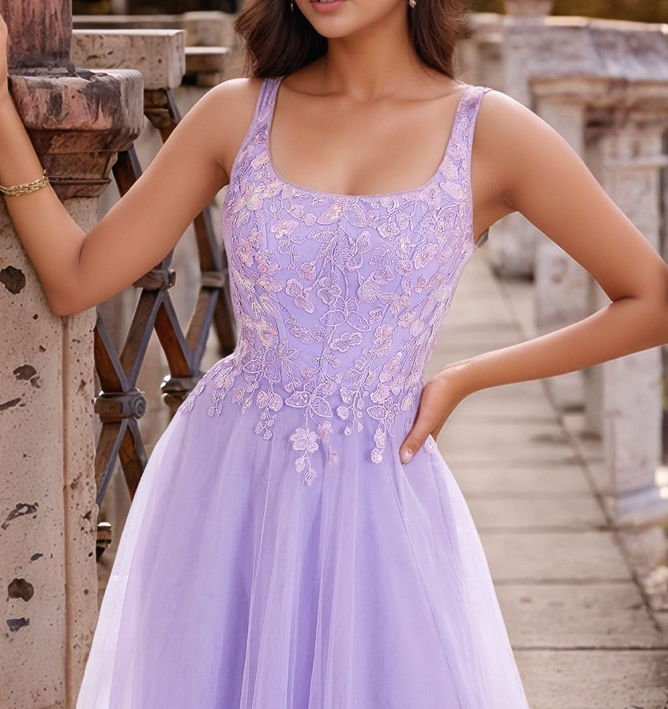 Lace Butterfly Tulle Floor Length A-Line Prom Dress - Lilac