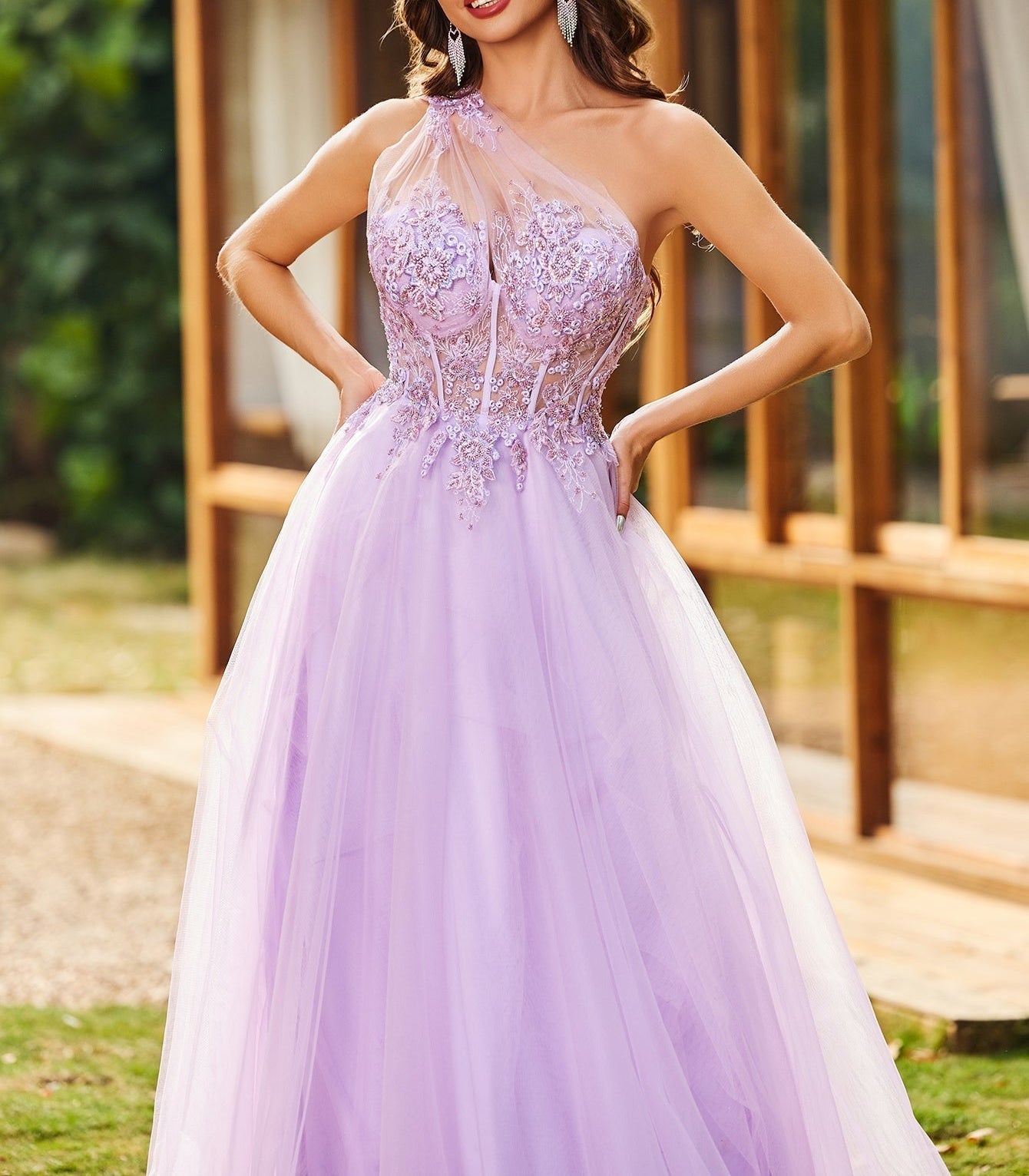 One Shoulder Illusion Bodice Boned Lace Embroidery Ball Gown Prom Dress - Lilac