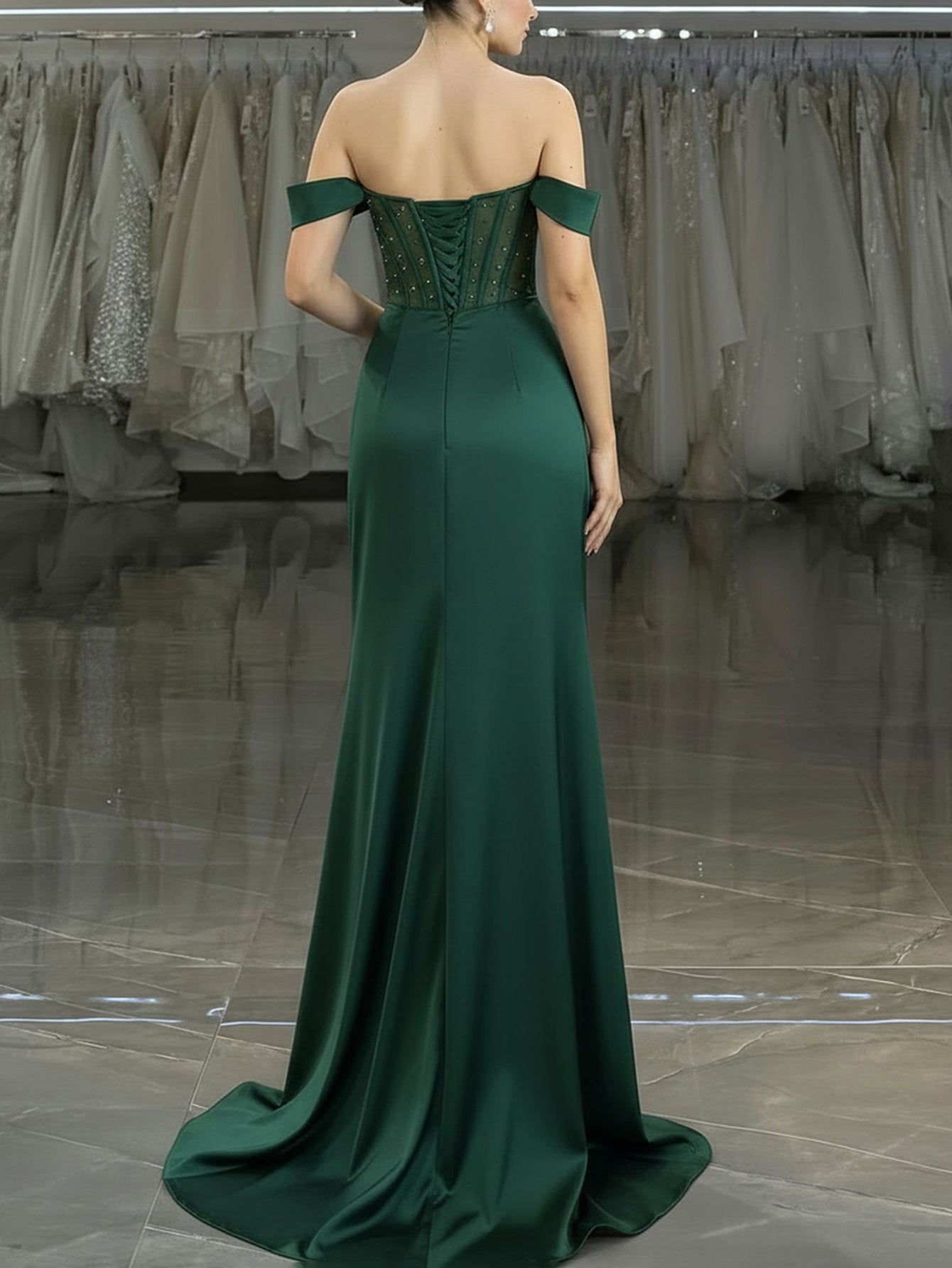Beaded Strapless Illusion Bodice Mermaid Prom Dress Long - Emerald Green