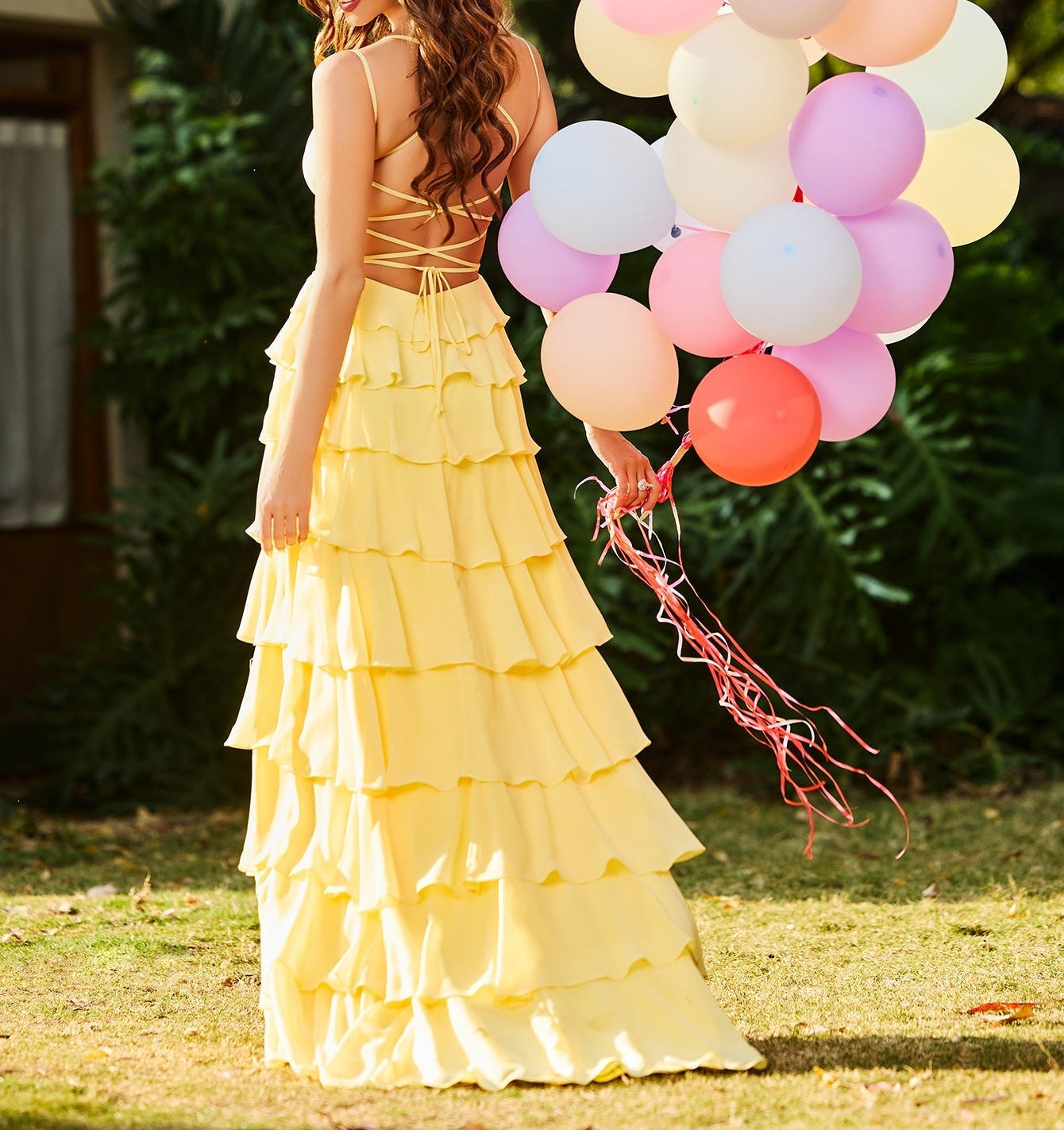 V-Neck Chiffon Tiered Prom Dress With Ruffle - Yellow
