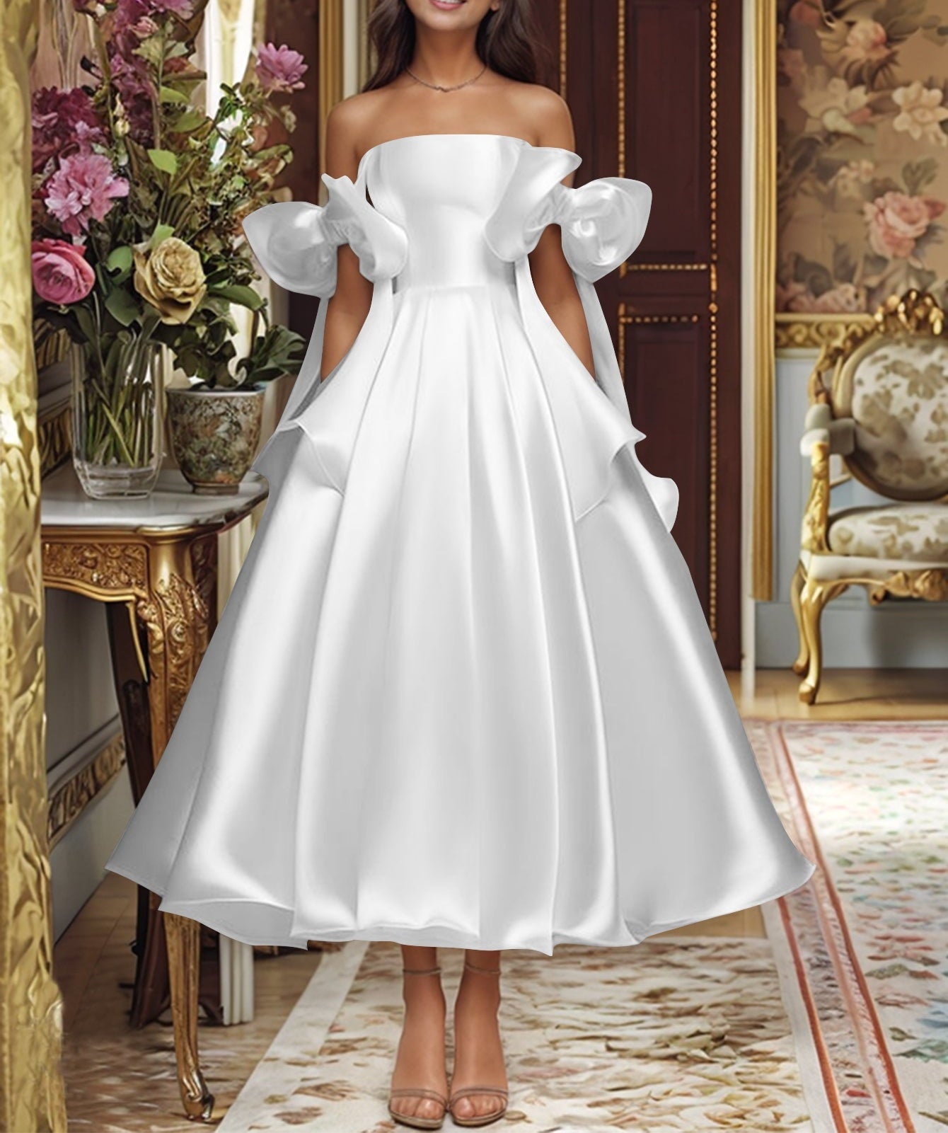 Bow Bodice Satin Ankel Ball Gown Prom Dress - White
