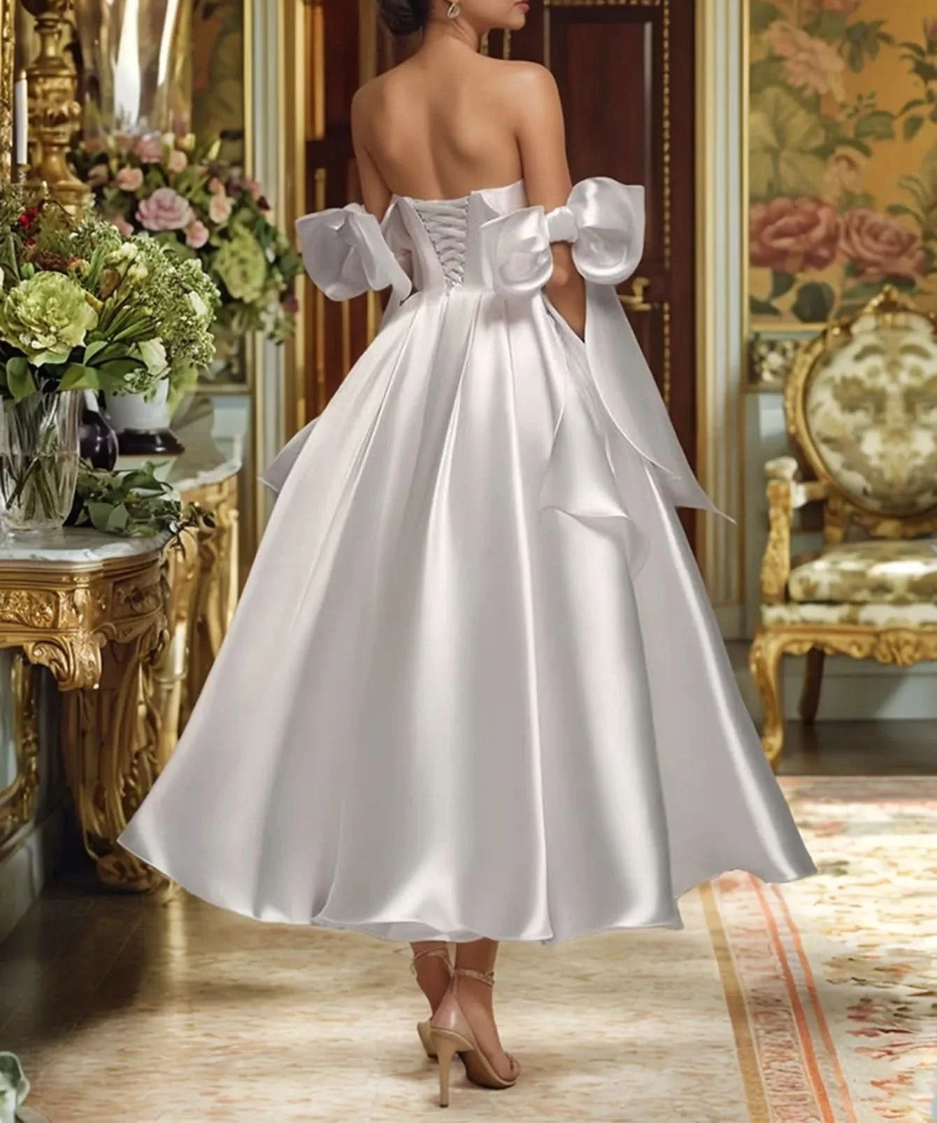 Bow Bodice Satin Ankel Ball Gown Prom Dress - White