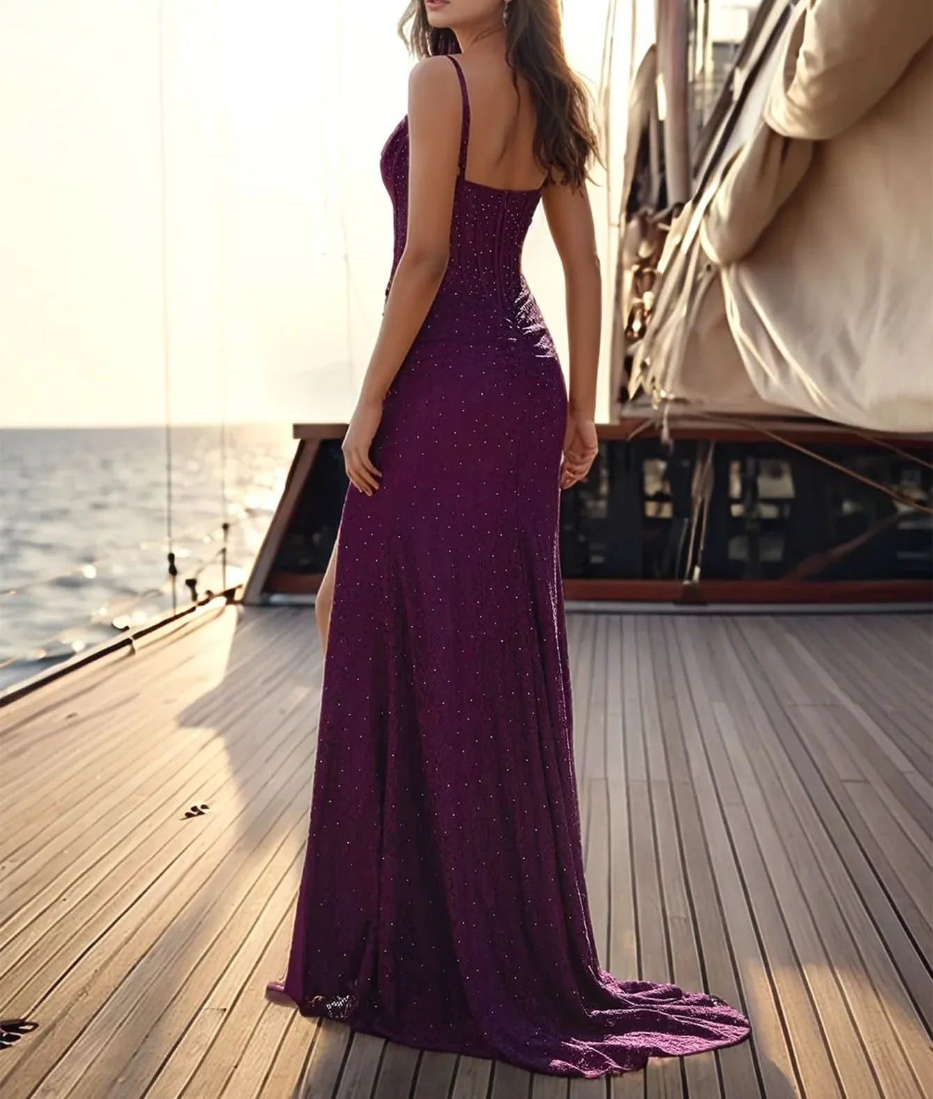 Hot Fix Lace Bodice Spaghetti Strap Mermaid Prom Dress With Split - Purple