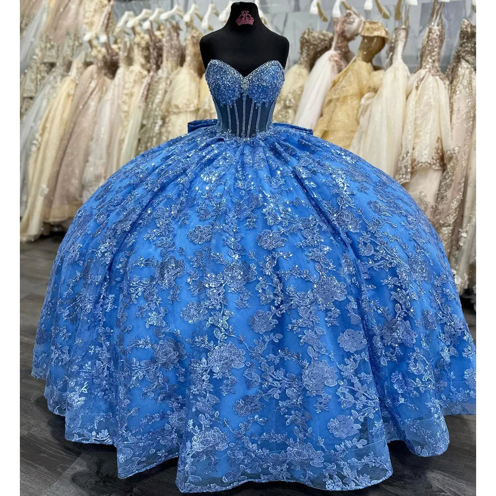 Glamorous & Glitter Ball Gown Sweetheart Neck Tiered Fully Lace Applique Beaded Bow Knot Blue Tulle Quinceanera Dress Birthday Party Princess Dress for Sweet 16