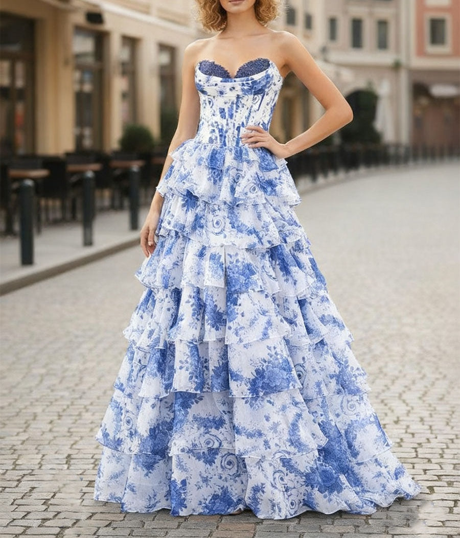 blue floral ruffle prom dress Blue Floral Print Ruffle Corset Dress