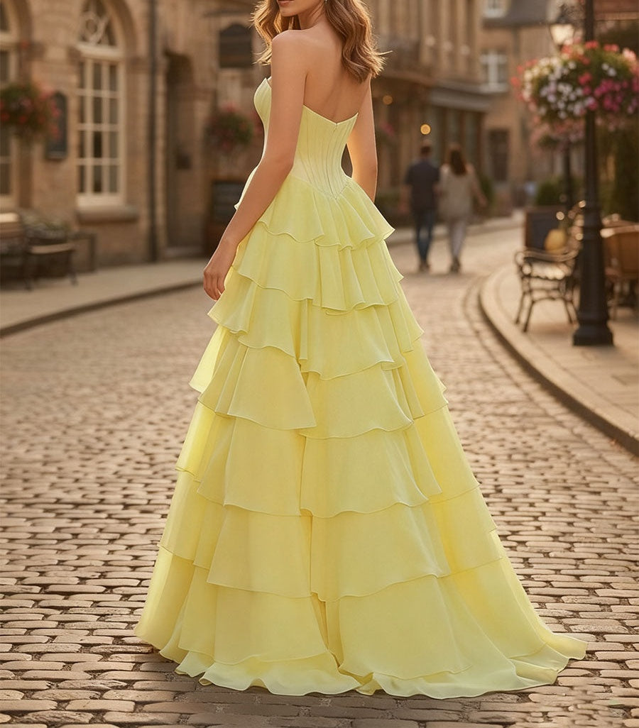 A-Line Sweetheart Cascading Ruffles Chiffon Corset Prom Dress