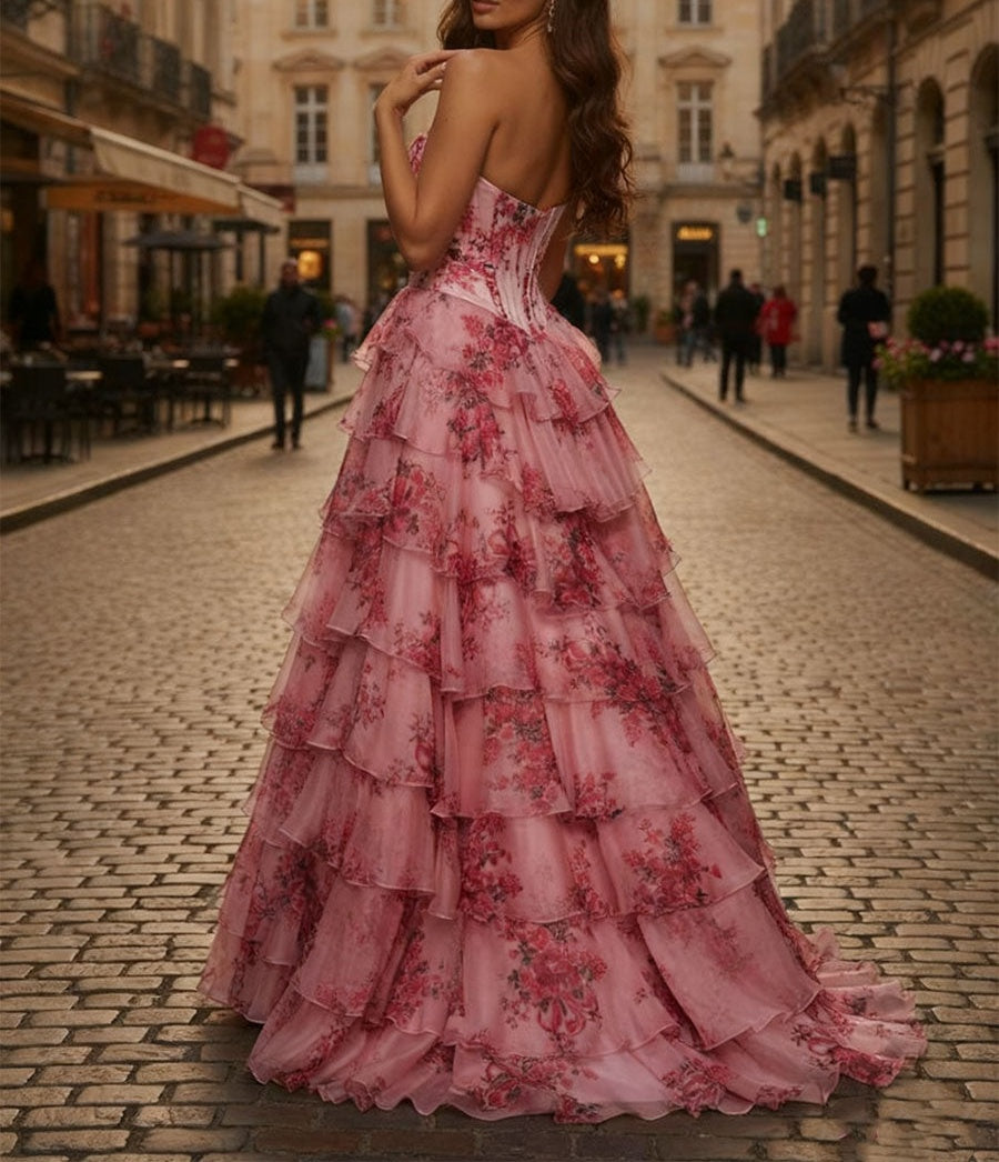 Pink Floral Strapless Chiffon Ruffle Corset Prom Dress with Slit